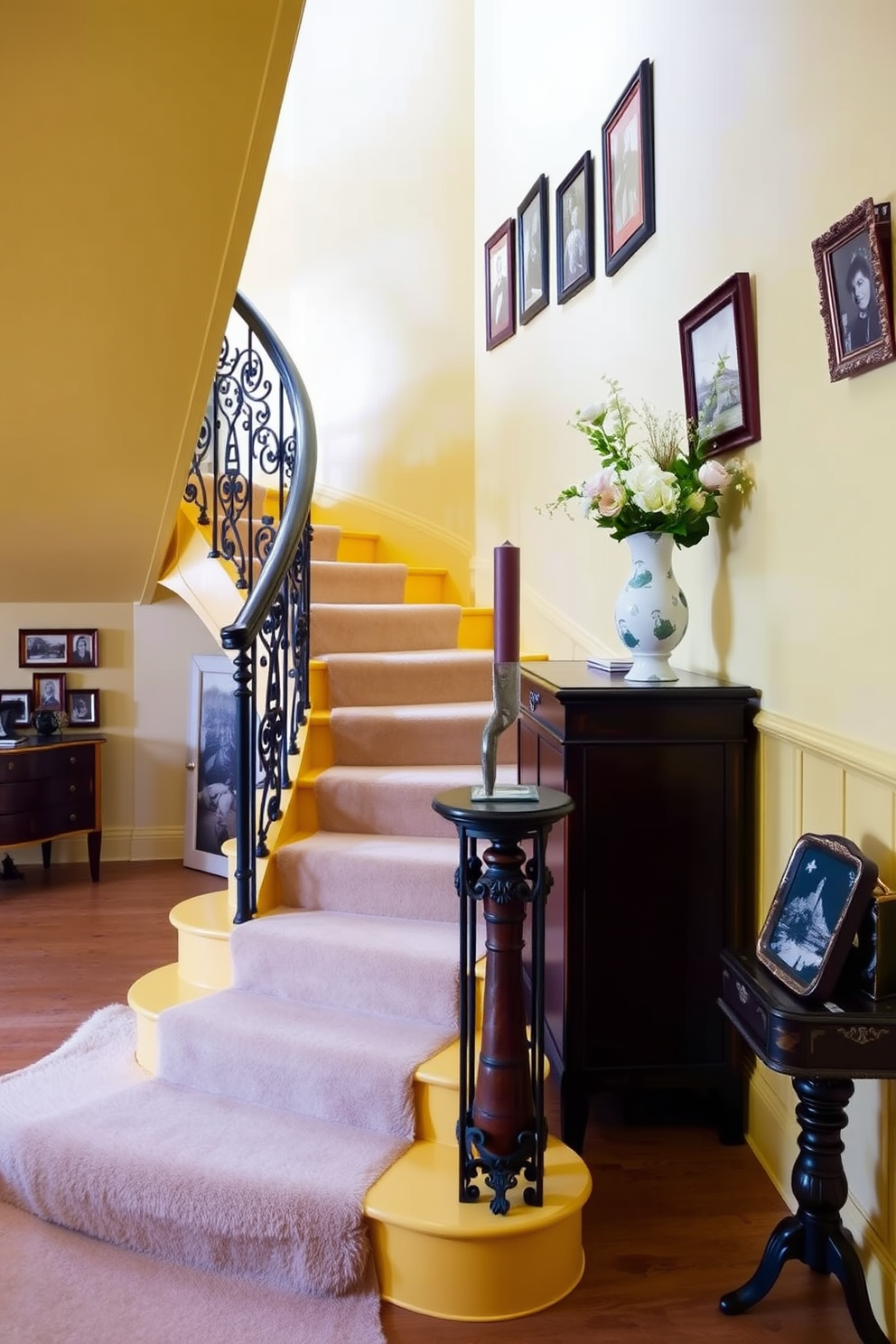 A striking staircase with vibrant yellow steps showcases intricate tile patterns that create a dynamic visual impact. The surrounding walls are painted in a soft white to enhance the brightness of the yellow, while decorative elements like potted plants line the staircase for added warmth.