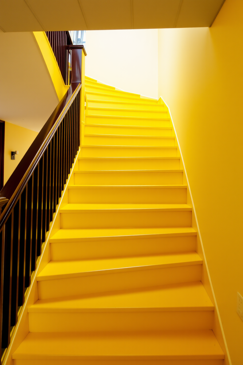 A striking yellow staircase ascends gracefully, featuring a sleek design that highlights its vibrant color. The contrasting dark wood railing adds depth and sophistication, creating a stunning visual impact in the space.