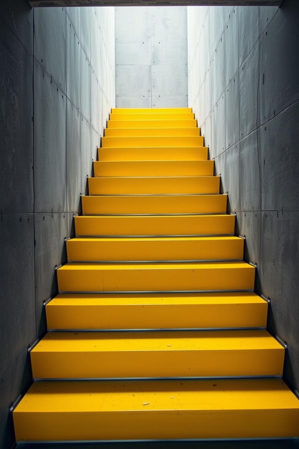 A bright yellow stairway is surrounded by vibrant lush greenery creating a cheerful and inviting atmosphere. The staircase features sleek wooden steps that contrast beautifully with the bold color and the natural foliage. The handrail is crafted from polished metal, adding a modern touch to the design. Planters filled with colorful flowers are strategically placed along the sides of the stairway, enhancing the overall aesthetic.