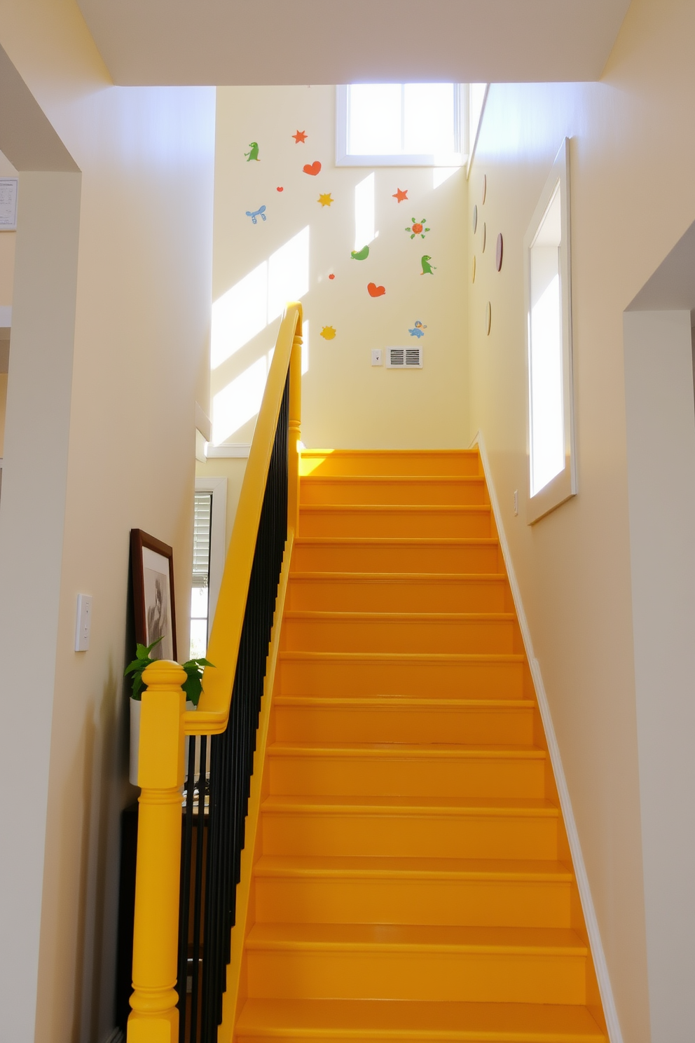 A playful staircase painted in a cheerful yellow hue. Whimsical details such as hand-painted flowers and swirling patterns adorn the risers, creating a vibrant focal point in the home. The handrail features a unique design, incorporating curved elements that add to the charm. Soft lighting illuminates the staircase, enhancing the joyful atmosphere as it invites guests to explore.