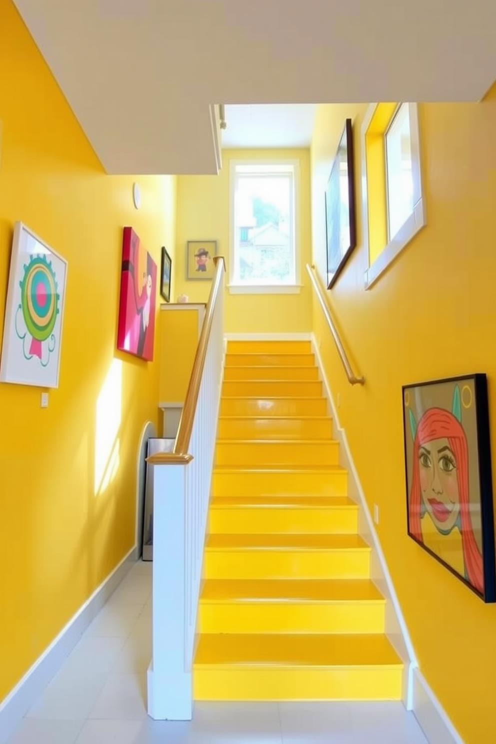 A striking staircase featuring a vibrant yellow hue that draws attention and creates a cheerful atmosphere. The bold navy blue accents provide a stunning contrast, enhancing the overall aesthetic of the space. The staircase is adorned with sleek metal railings that complement the color scheme. Natural light floods the area, highlighting the rich tones and inviting a sense of warmth and energy.