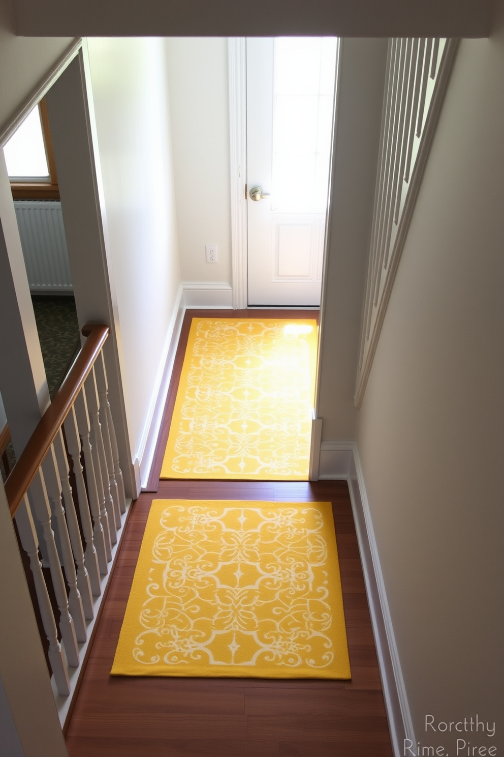 A bright yellow stair runner with intricate patterns adds a cheerful touch to the staircase. The runner contrasts beautifully with the wooden steps, creating a vibrant focal point in the entryway. Surrounding the staircase, the walls are painted in a soft white to enhance the brightness of the yellow. Natural light pours in from a nearby window, illuminating the playful design of the runner.