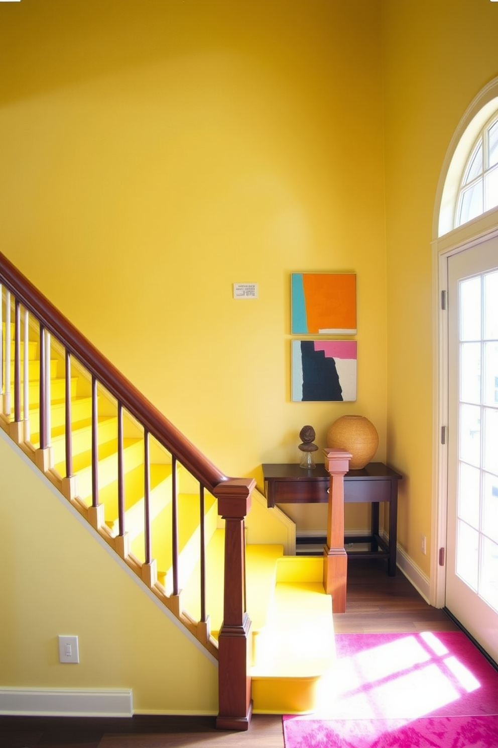 Chic yellow staircase with modern art. The staircase features sleek yellow risers and a polished wooden handrail, creating a vibrant focal point in the entryway. On the wall adjacent to the staircase, bold modern art pieces in contrasting colors add an eclectic touch. The space is illuminated by natural light streaming through a large window, enhancing the cheerful ambiance.