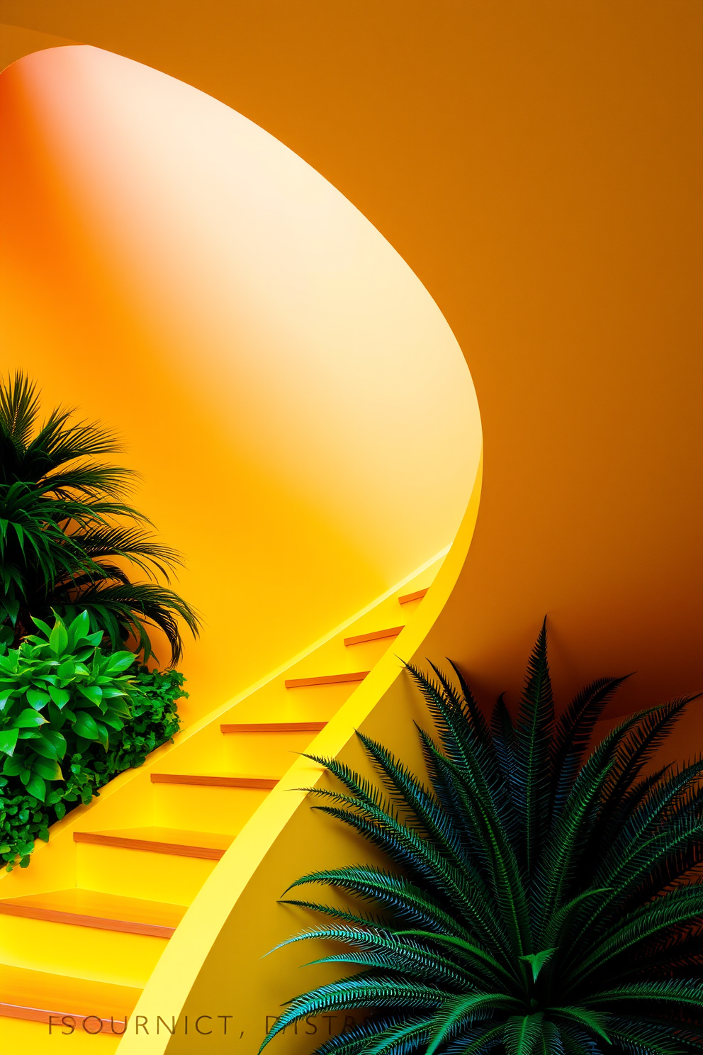 A bright yellow staircase elegantly curves upwards, surrounded by vibrant green plants that enhance its cheerful aesthetic. The staircase features sleek wooden railings that complement the sunny hue, creating a warm and inviting atmosphere.