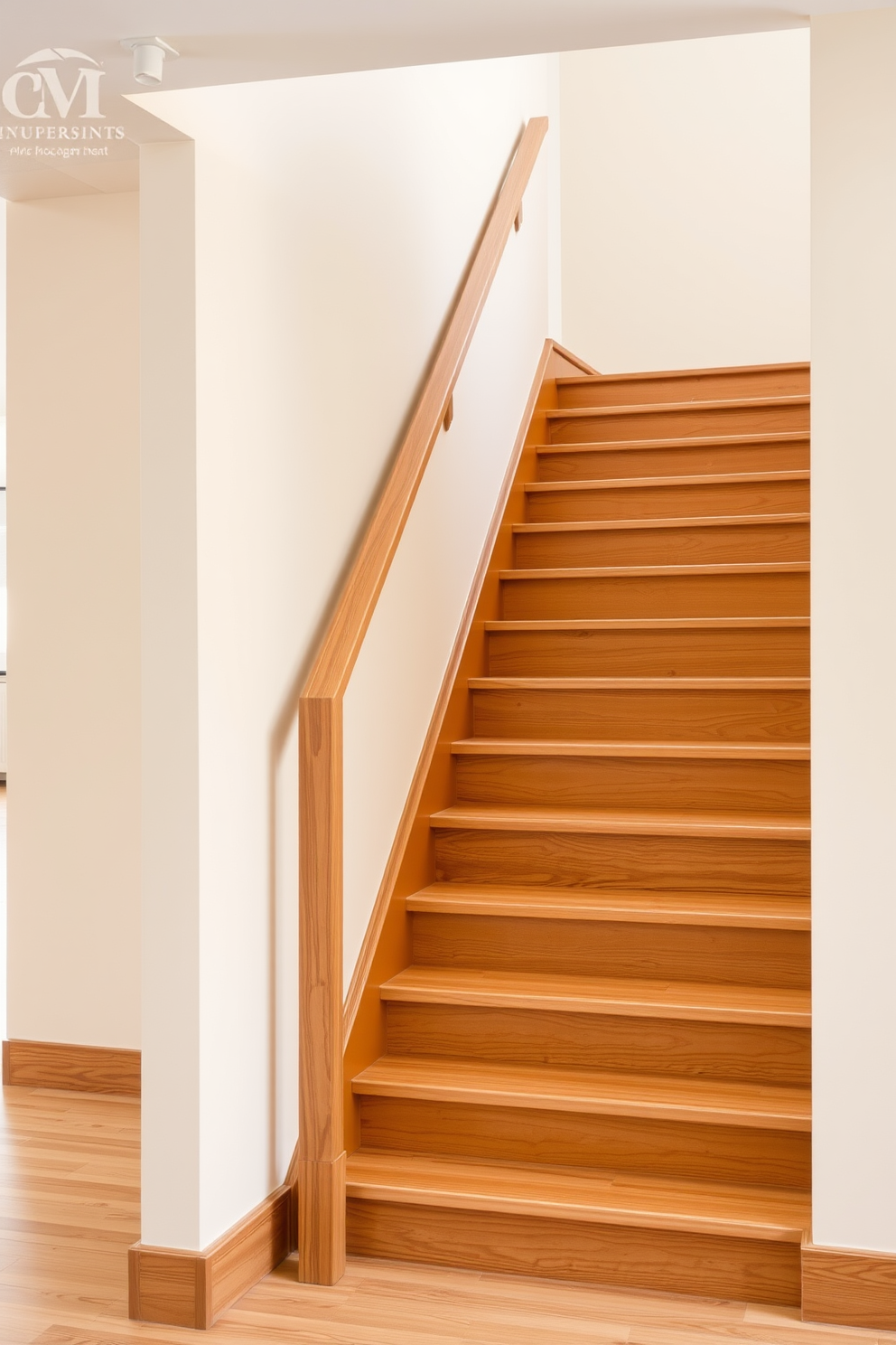 A muted mustard staircase features sleek wooden accents that enhance its warmth and charm. The stairs are complemented by a minimalist railing that adds a touch of elegance to the overall design.