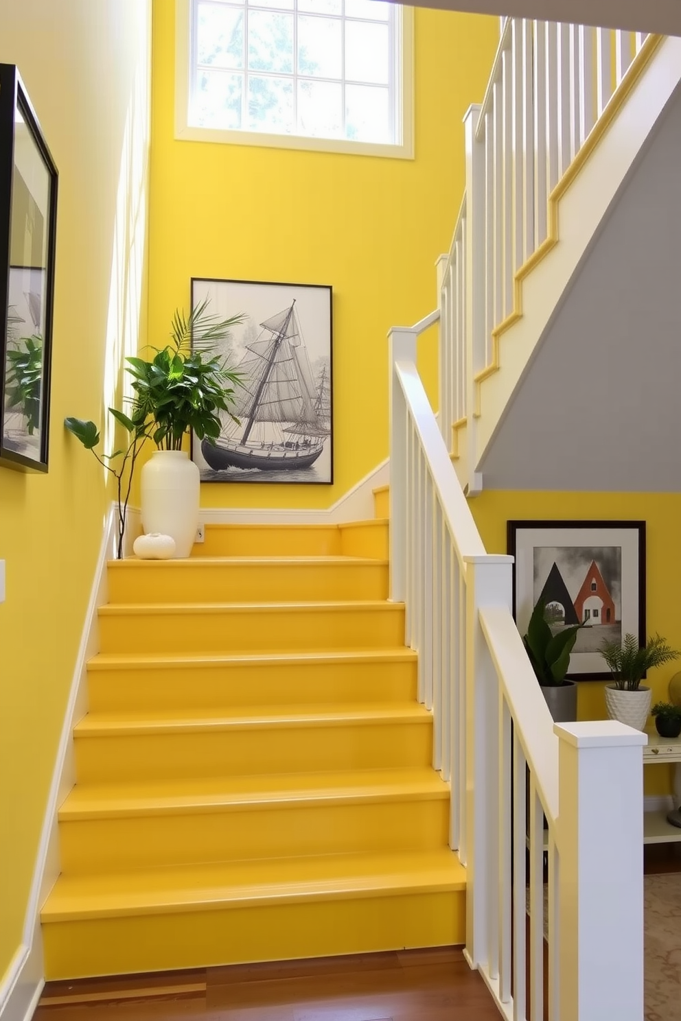 A bold lemon yellow painted staircase creates a vibrant focal point in any home. The bright color enhances the natural light and adds warmth to the entryway. Complement the staircase with sleek white railings and minimalist decor for a modern touch. Incorporate artwork or plants along the staircase for added visual interest.