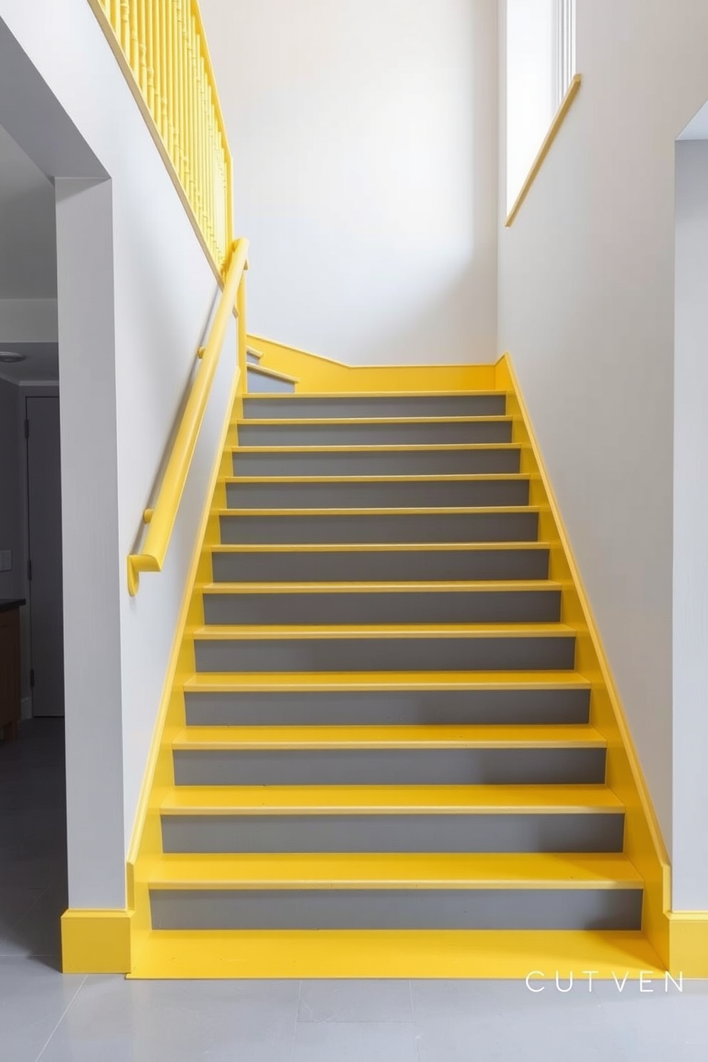 A stunning two-tone staircase design features a vibrant yellow railing that contrasts beautifully with the soft gray walls. The steps are painted in alternating shades of yellow and gray, creating a dynamic visual effect that enhances the overall aesthetic of the space.