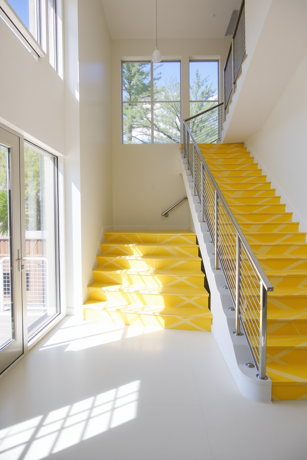 A striking yellow staircase with bold geometric patterns creates an eye-catching focal point in the entryway. The stairs are complemented by sleek metal railings and a bright white backdrop, enhancing the vibrancy of the yellow hues. The geometric patterns on the staircase add a modern touch and invite creativity into the space. Natural light floods in through large windows, casting playful shadows that highlight the unique design elements.