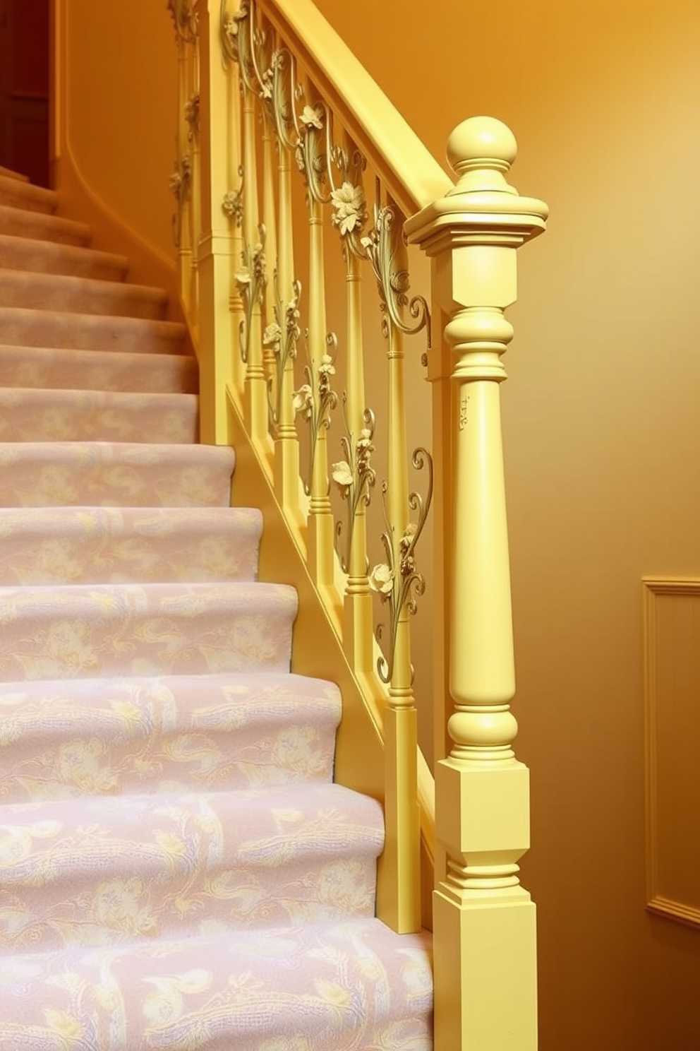 A vibrant entryway features bold yellow walls that create a cheerful atmosphere. The staircase, also painted in a matching yellow hue, complements the lively aesthetic while providing a seamless flow between the levels. The staircase is adorned with sleek metal railings that enhance its modern appeal. Large windows allow natural light to flood the space, highlighting the warm tones of the yellow throughout the design.