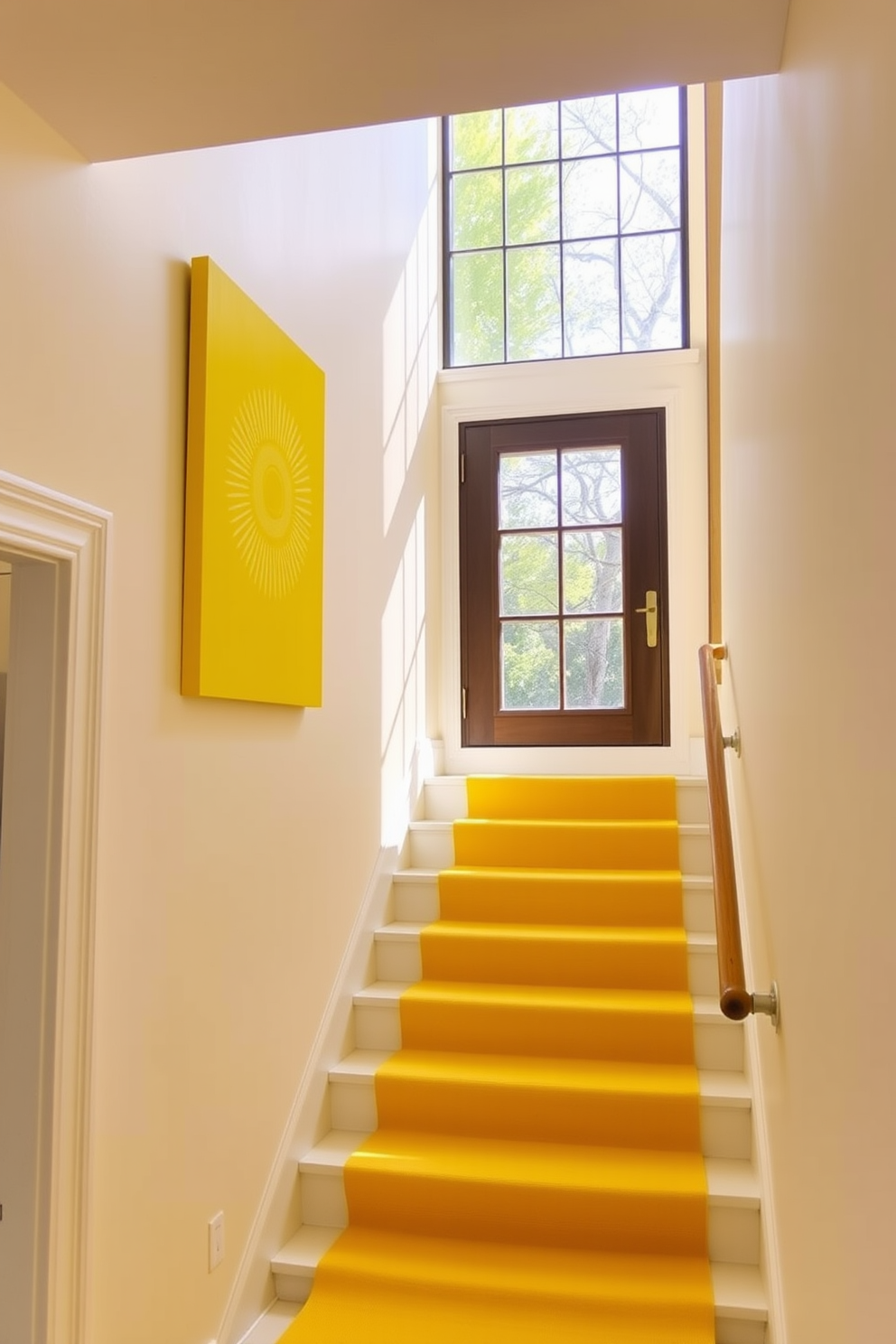 A bright and inviting staircase features a yellow carpet adorned with intricate floral designs that add a touch of elegance. The surrounding walls are painted in a soft white, enhancing the cheerful ambiance and allowing the carpet to be the focal point. Natural light floods the space through a large window at the landing, illuminating the vibrant colors of the carpet. Decorative potted plants are placed on the steps, creating a harmonious blend of nature and design.