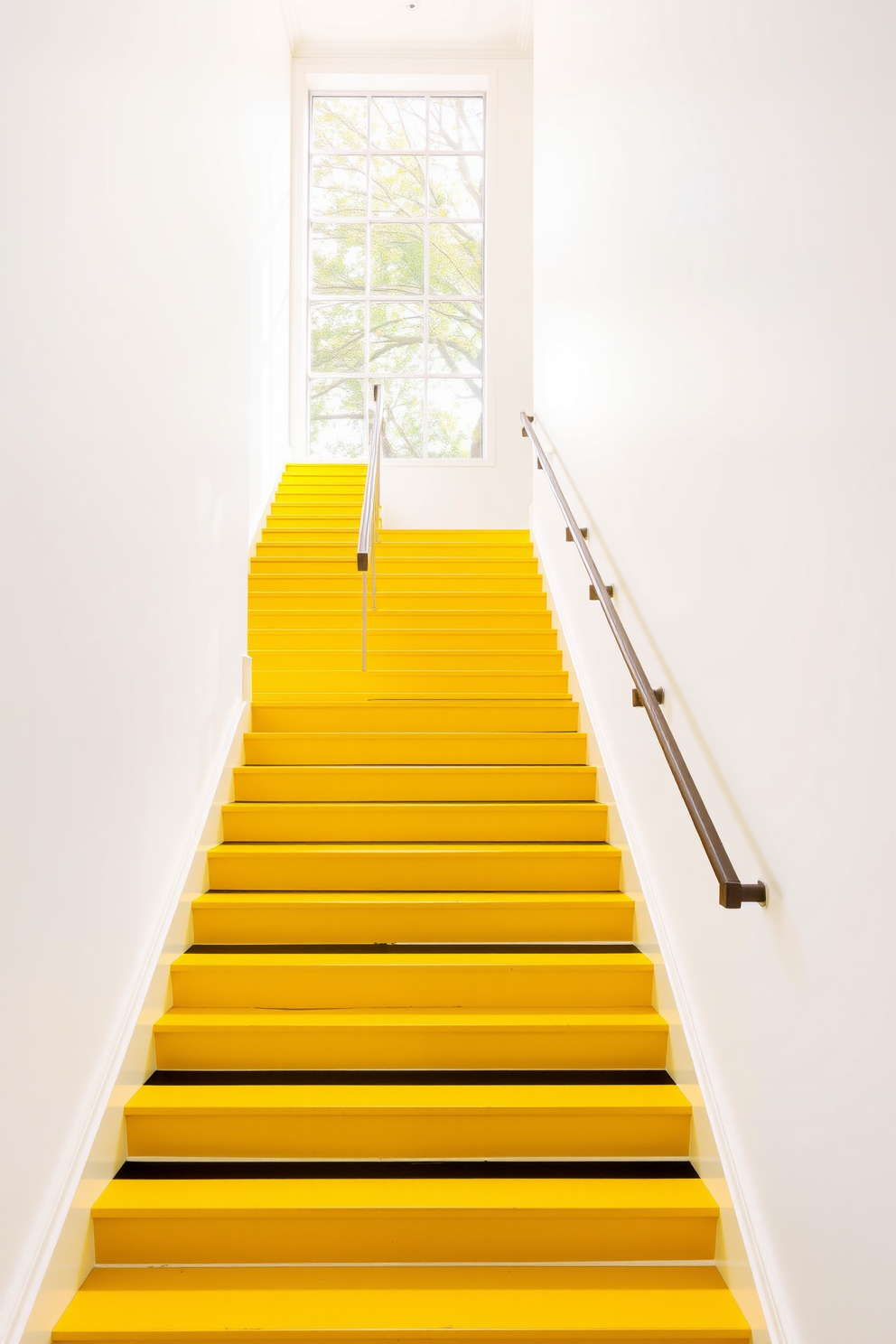 A striking staircase features yellow and black striped treads that create a bold visual impact. The walls are painted in a soft white, enhancing the brightness of the yellow while providing a clean backdrop. Natural light floods the space through large windows, illuminating the vibrant colors and creating a warm atmosphere. A sleek handrail complements the design, adding both safety and style to the staircase.