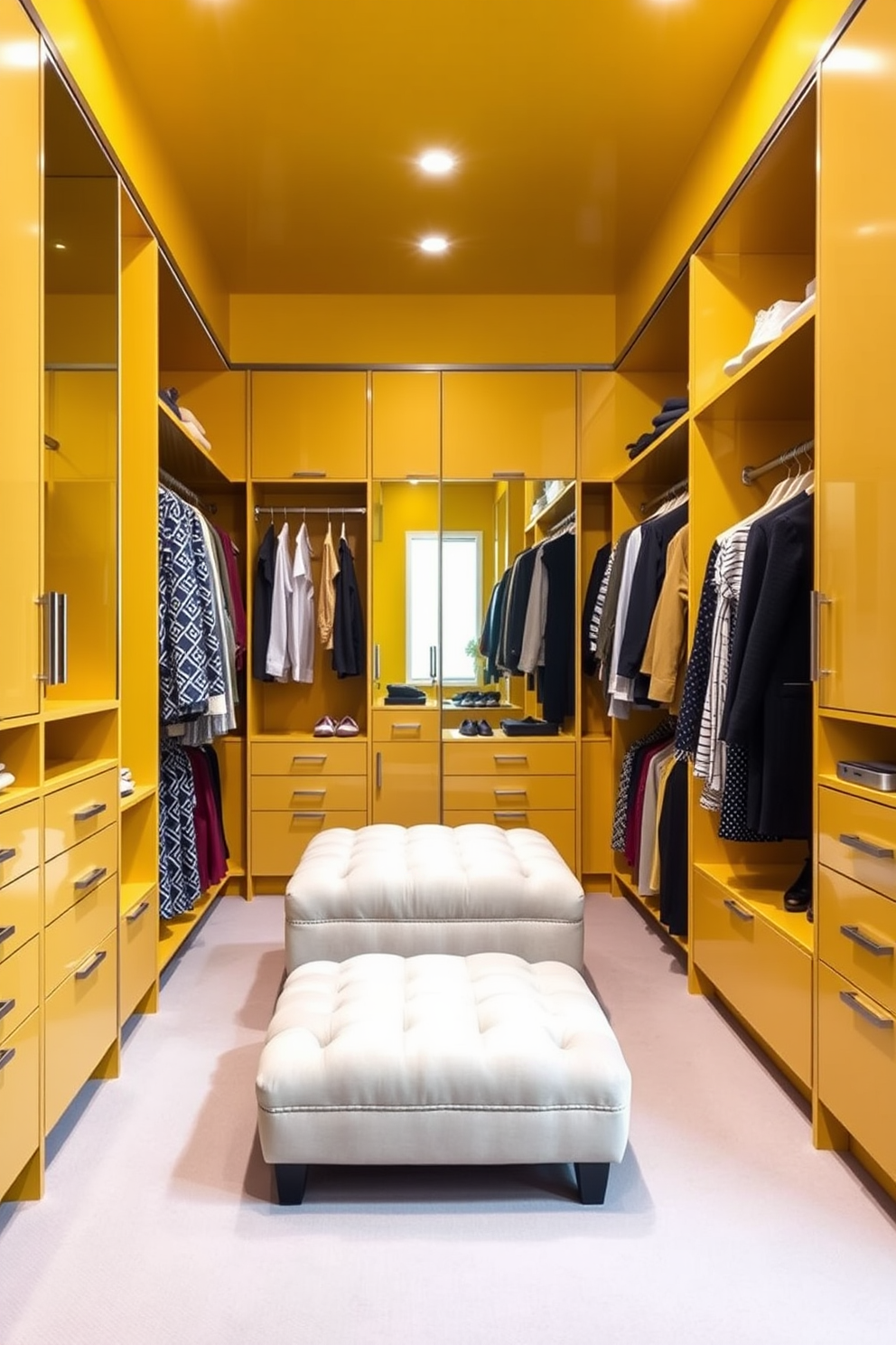 Bright yellow accent walls create a vibrant and energetic atmosphere that instantly uplifts the space. The walk-in closet features sleek shelving and hanging options, complemented by stylish lighting that highlights the cheerful hue. The design includes a plush ottoman in the center, providing a comfortable seating area for dressing. Mirrors are strategically placed to enhance the sense of space and reflect the bright colors throughout the closet.