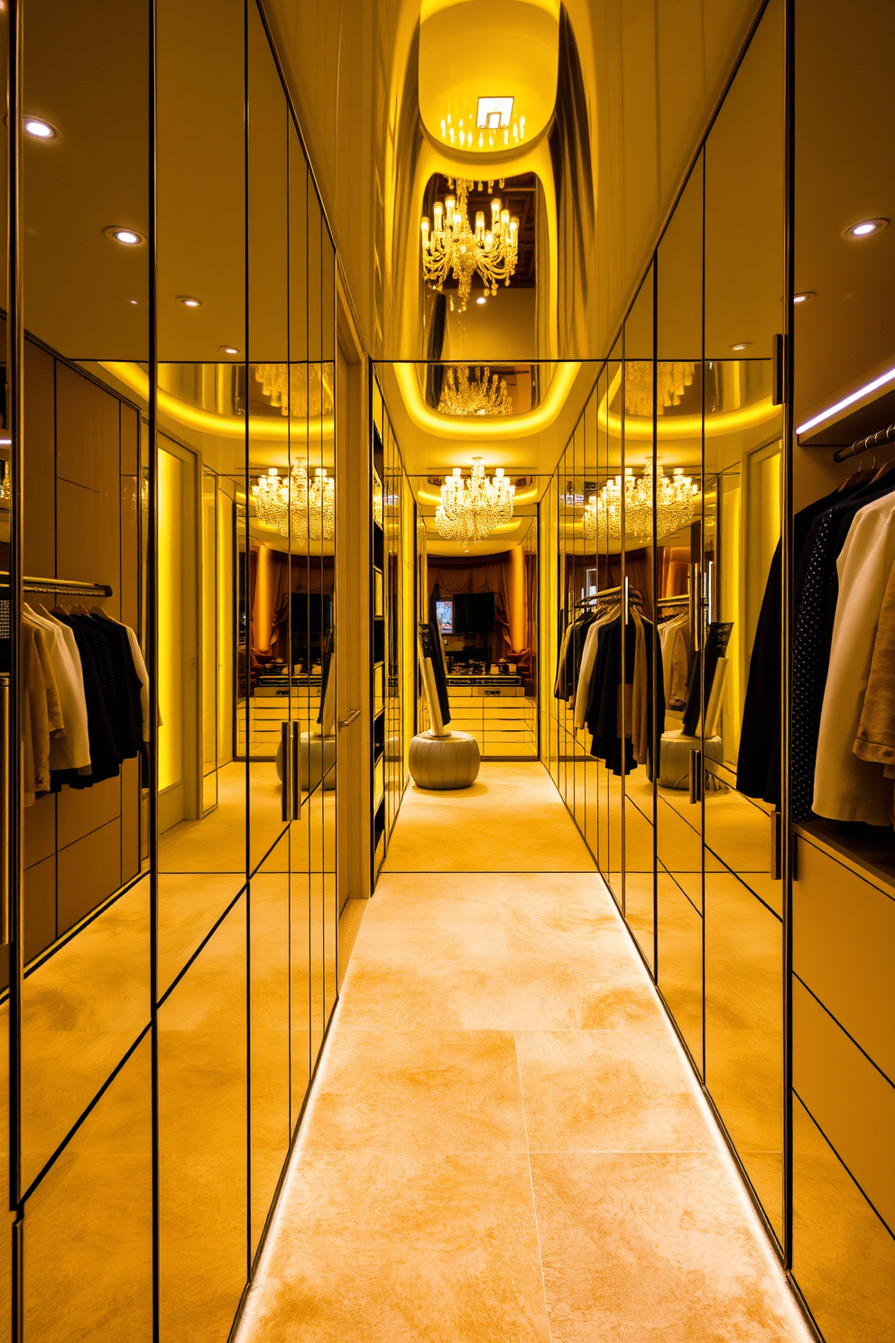 A luxurious walk-in closet featuring yellow framed mirrors that enhance space perception. The closet is filled with custom shelving, elegant lighting, and plush carpeting to create a warm and inviting atmosphere. The walls are painted in a soft neutral tone to complement the vibrant yellow accents. Ample hanging space and organized compartments provide functionality while maintaining a stylish aesthetic.