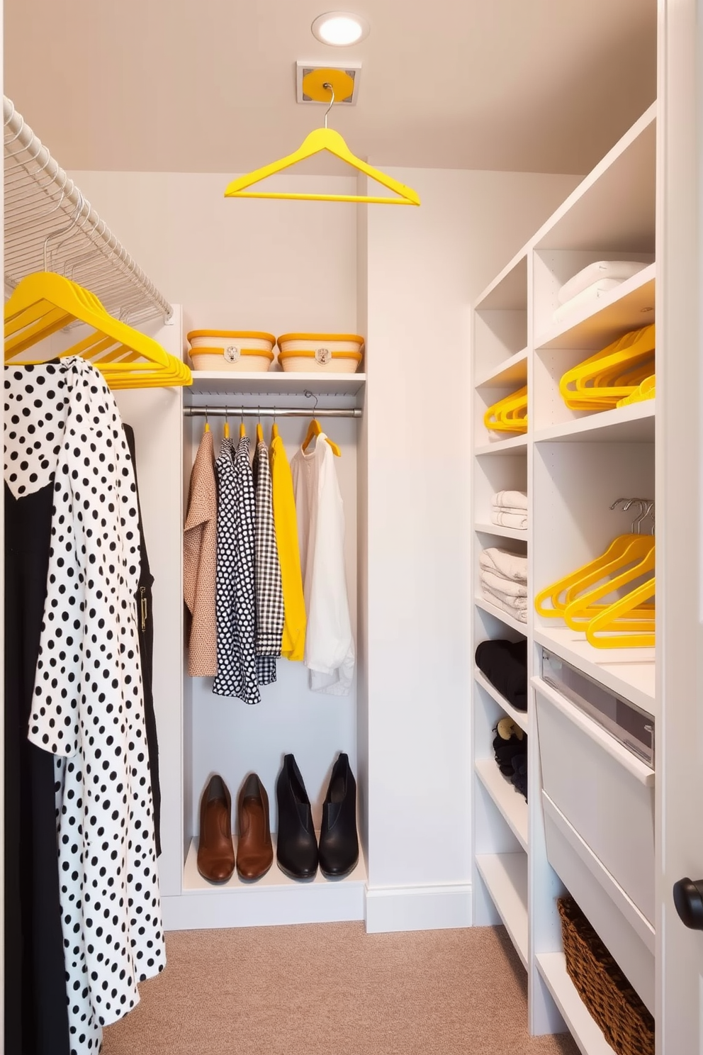 A stylish walk-in closet featuring yellow hangers that create a cohesive and vibrant look. The walls are painted in a soft neutral tone, allowing the yellow accents to pop beautifully against the organized shelves and storage.