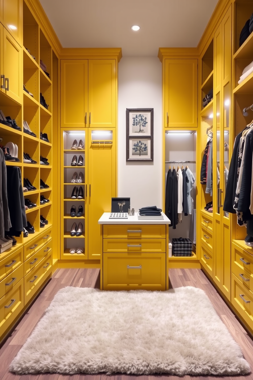 Custom built-ins with yellow finishes create a vibrant and cheerful atmosphere in the walk-in closet. The shelves are organized to display shoes and accessories, while a central island with drawers offers additional storage for jewelry and small items. The walls are painted in a soft white to contrast the yellow cabinetry, enhancing the brightness of the space. A plush area rug in a neutral tone adds warmth and comfort underfoot, making the closet feel inviting and stylish.