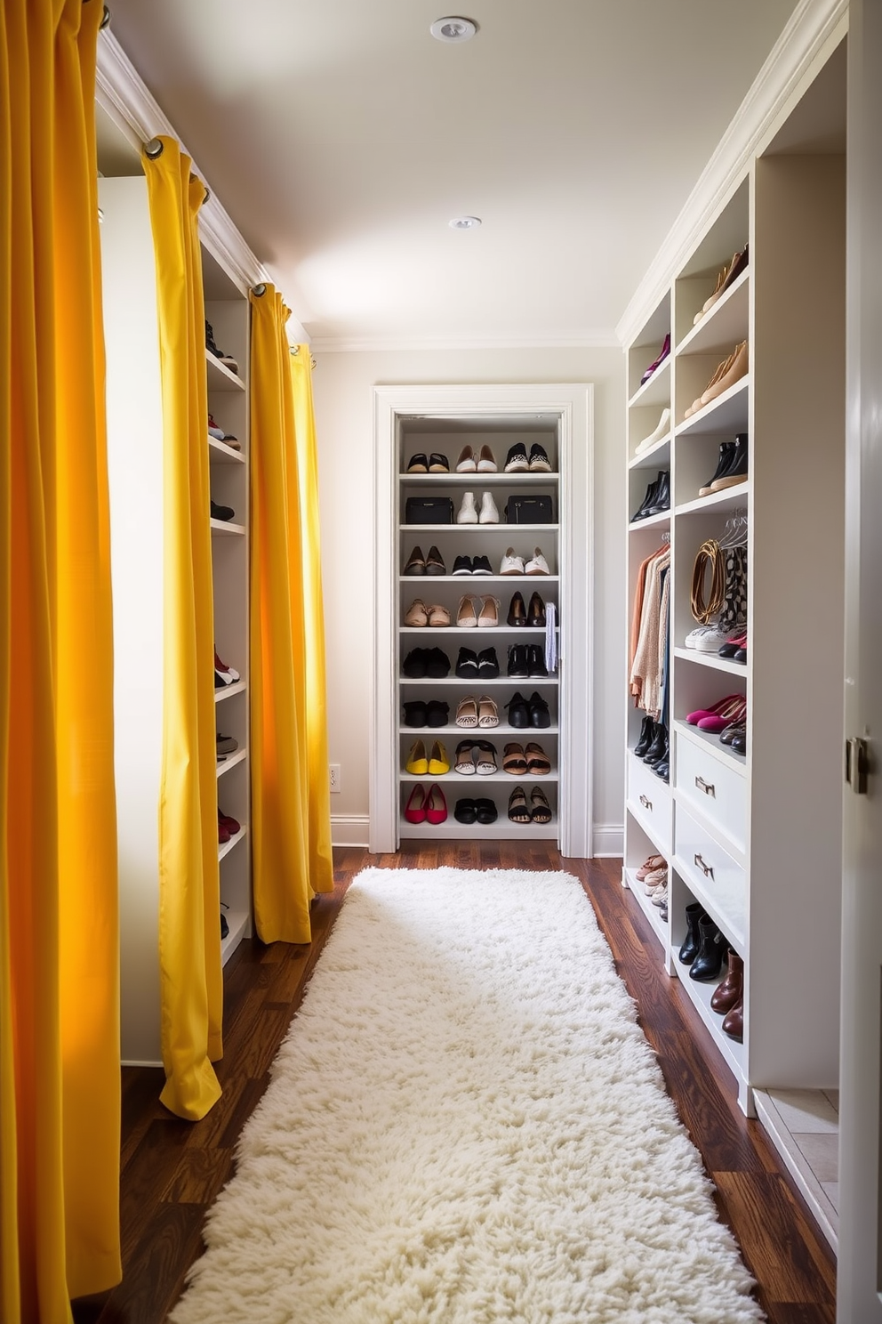 A bright and inviting walk-in closet features yellow curtains that add a cheerful touch to the space. The walls are adorned with custom shelving units that showcase an organized array of shoes and accessories, complemented by a plush area rug underfoot.