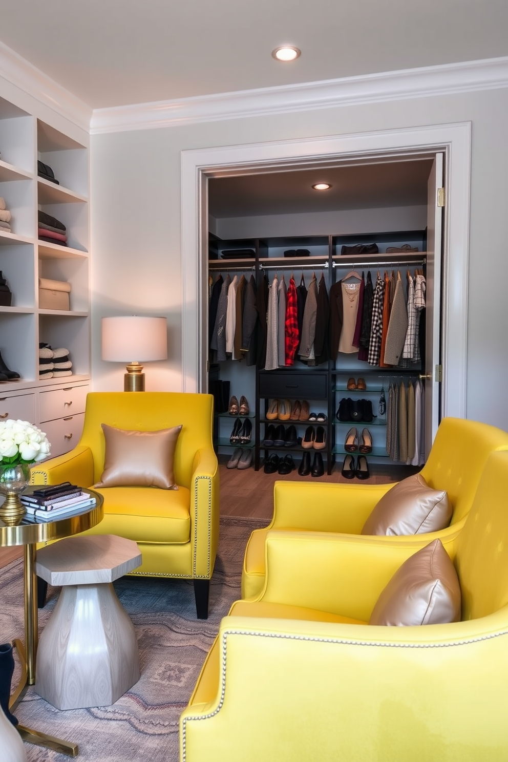 Accent chairs in a vibrant yellow color are strategically placed to enhance seating comfort in the room. The chairs feature elegant upholstery and are complemented by a stylish side table adorned with decorative items. The walk-in closet is designed with ample shelving and hanging space, showcasing a modern layout. Soft lighting illuminates the area, highlighting the organized arrangement of shoes and accessories.