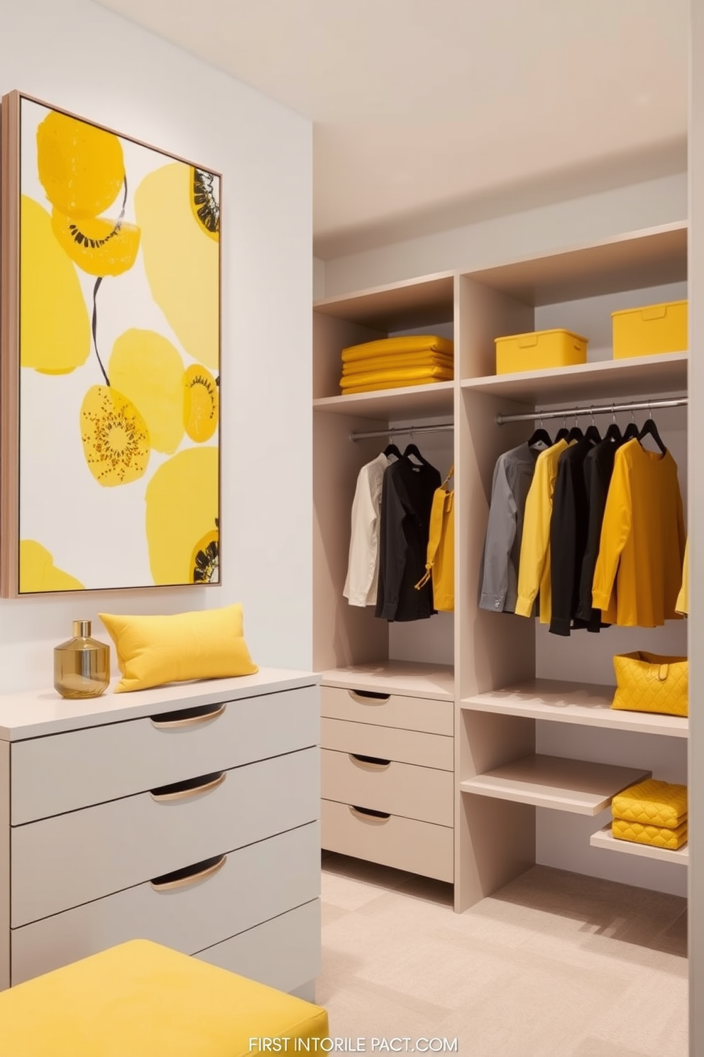 Artistic yellow artwork enhances the vibrancy of the space, creating a focal point that draws the eye. The artwork features abstract patterns with varying shades of yellow, complementing the overall decor. The walk-in closet is designed with sleek, modern shelving and hanging systems, maximizing storage while maintaining elegance. Soft lighting illuminates the space, highlighting the yellow accents in the decor and providing a warm atmosphere.