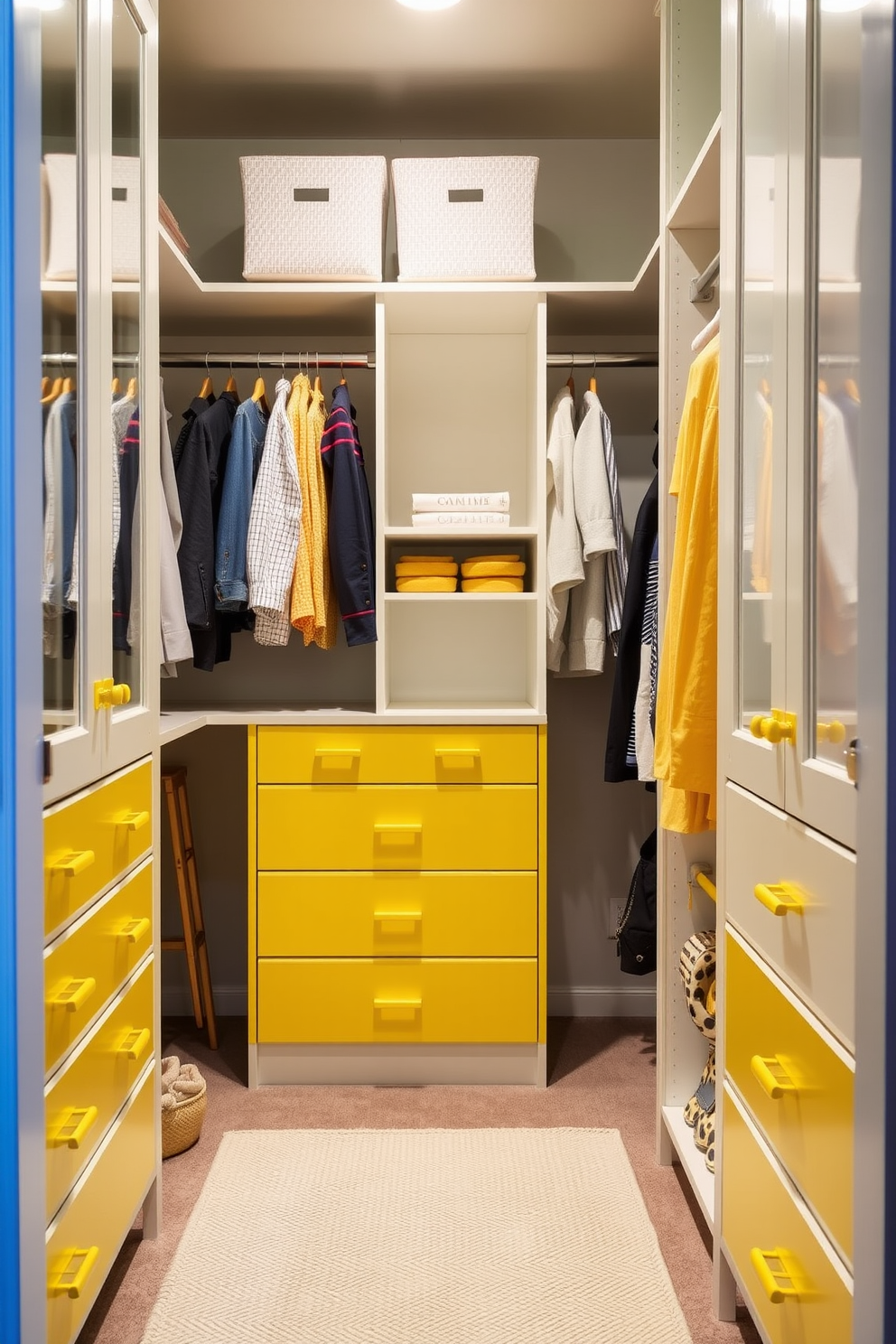 A bright and cheerful walk-in closet featuring yellow drawer pulls that add a playful touch to the overall design. The space includes ample shelving and hanging options, with soft lighting that enhances the vibrant yellow accents throughout.