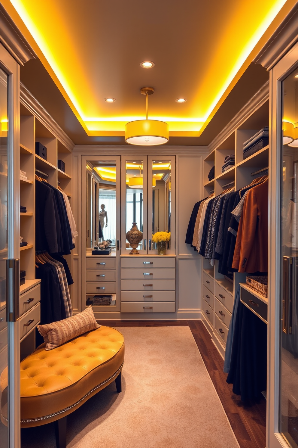 A luxurious walk-in closet featuring layered lighting with yellow fixtures that create a warm and inviting atmosphere. The space includes custom shelving and hanging rods, adorned with elegant accessories and a plush seating area for comfort.