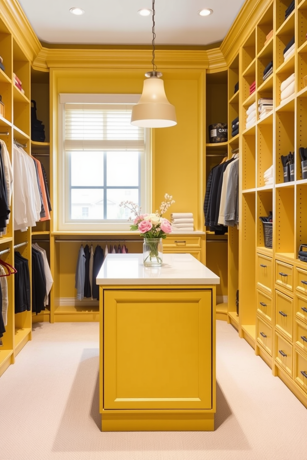 A walk-in closet featuring layered yellow textiles creates a cozy and inviting atmosphere. Soft yellow curtains drape elegantly over the windows while plush yellow rugs cover the floor, enhancing the warmth of the space.