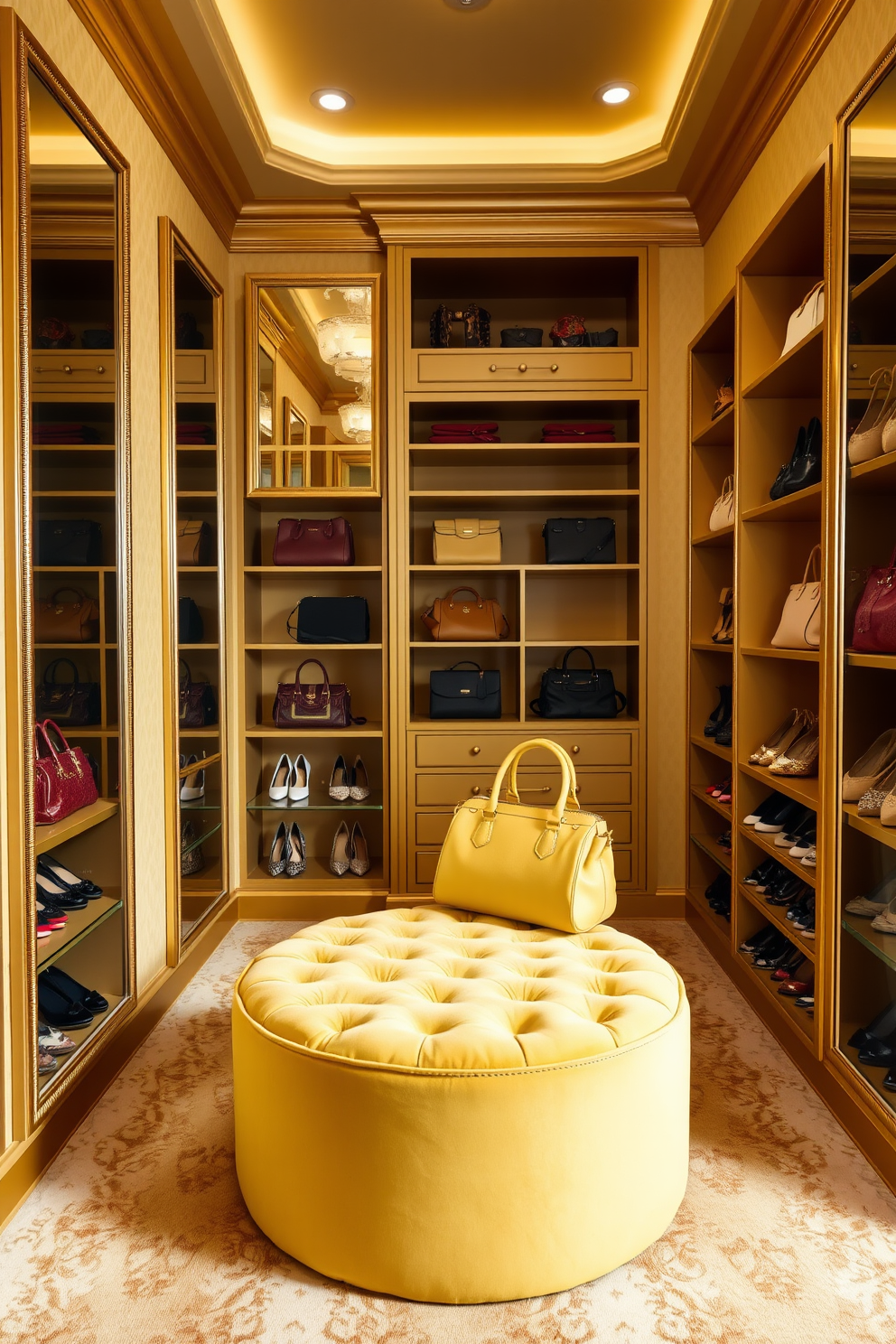 A luxurious walk-in closet featuring elegant gold accents complemented by vibrant yellow decor. The walls are adorned with soft yellow wallpaper, and the shelving units are finished in a rich gold tone, providing a stylish contrast. The centerpiece of the closet is a plush yellow ottoman that invites relaxation, surrounded by neatly organized designer handbags and shoes. Gold-framed mirrors line the walls, reflecting the bright, cheerful ambiance of the space.