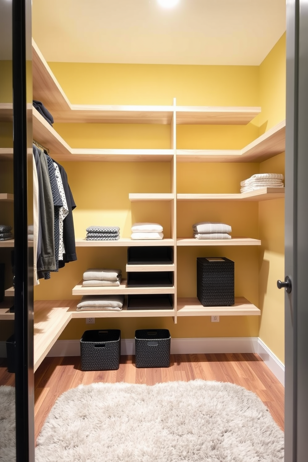 A modern walk-in closet featuring floating shelves for stylish storage solutions. The shelves are made of light wood and are arranged asymmetrically to create an open and airy feel. The walls are painted in a soft yellow hue, enhancing the brightness of the space. A plush area rug in a neutral tone lies on the floor, adding warmth and comfort to the design.