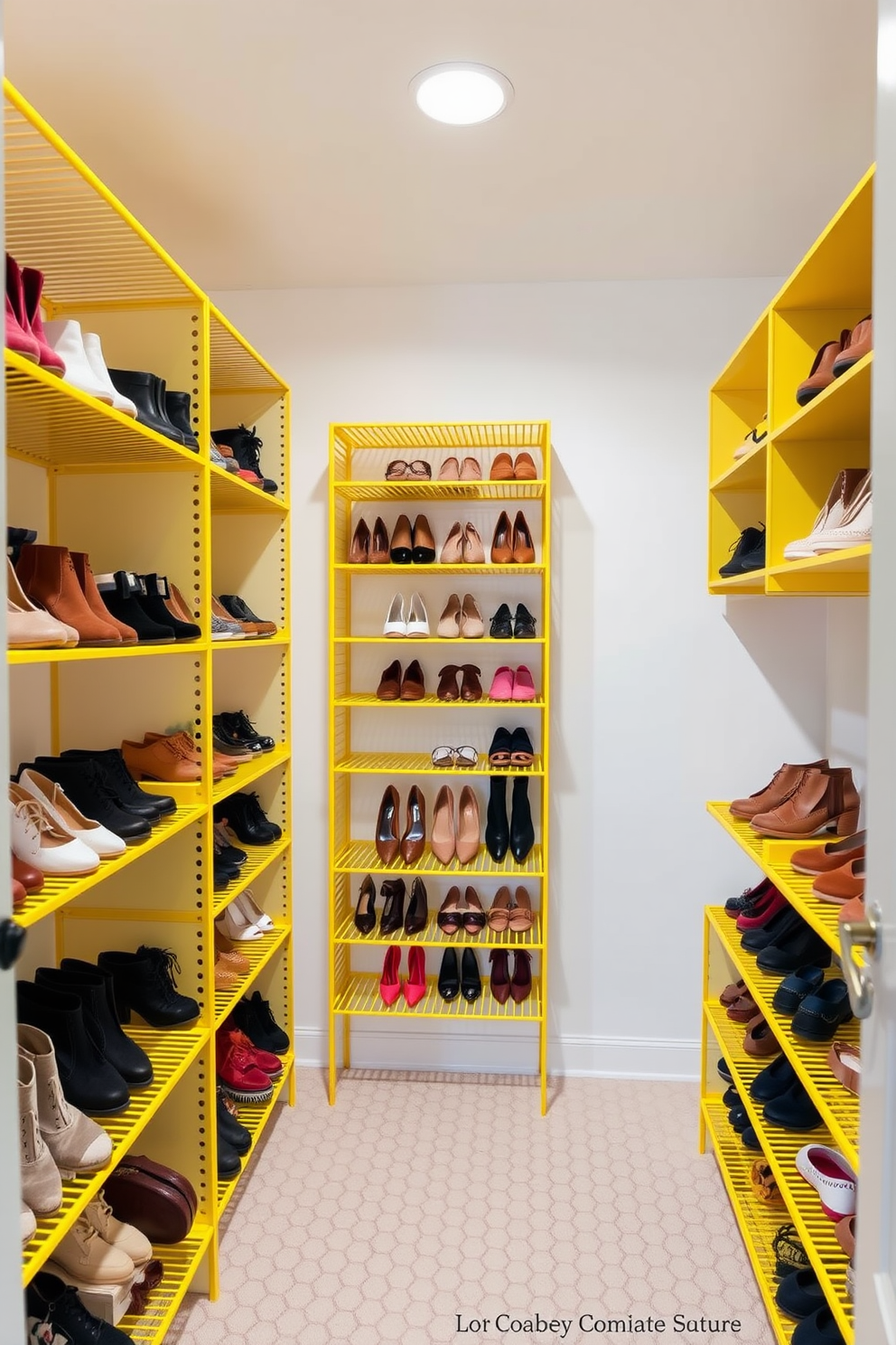 A vibrant yellow ceiling adds a unique twist to the overall design, creating an eye-catching focal point in the room. The walls are painted in a soft white to balance the bold ceiling color, enhancing the light and airy feel of the space. The walk-in closet features custom shelving and hanging space, designed to maximize storage while maintaining an elegant aesthetic. Soft lighting illuminates the area, highlighting the rich textures of the clothing and accessories displayed.