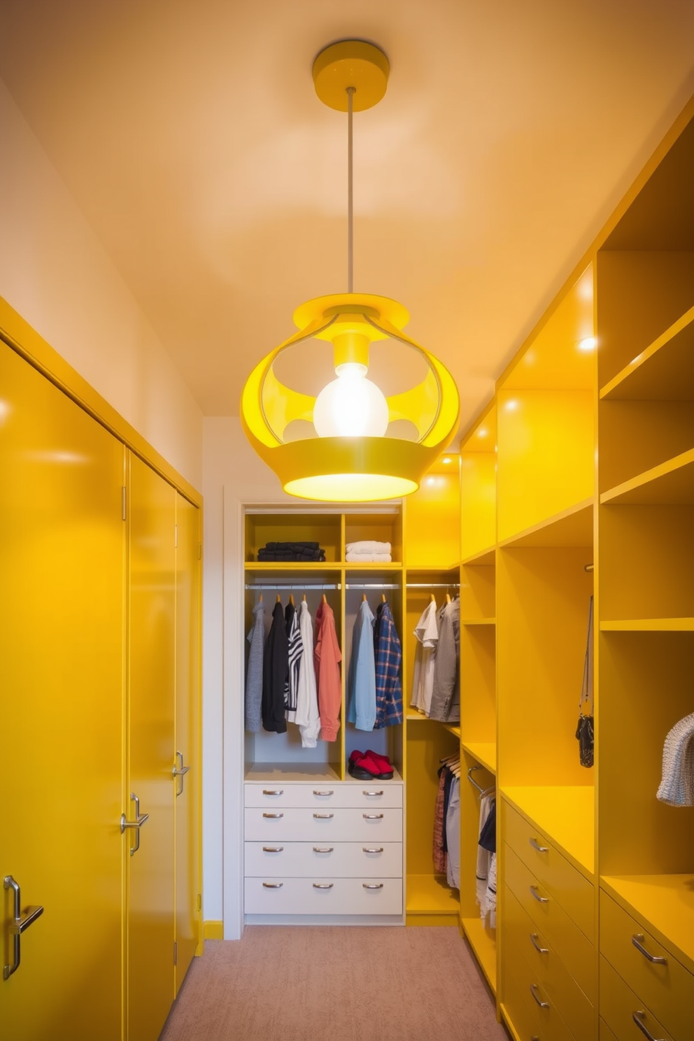 A spacious walk-in closet featuring contrasting dark hardwood flooring that adds depth to the space. Bright yellow accents are incorporated through stylish storage solutions and decorative elements, creating a vibrant and inviting atmosphere. The closet is designed with custom shelving and hanging space, maximizing organization while showcasing the bold color scheme. Soft lighting highlights the yellow accents, ensuring the space feels both luxurious and cheerful.