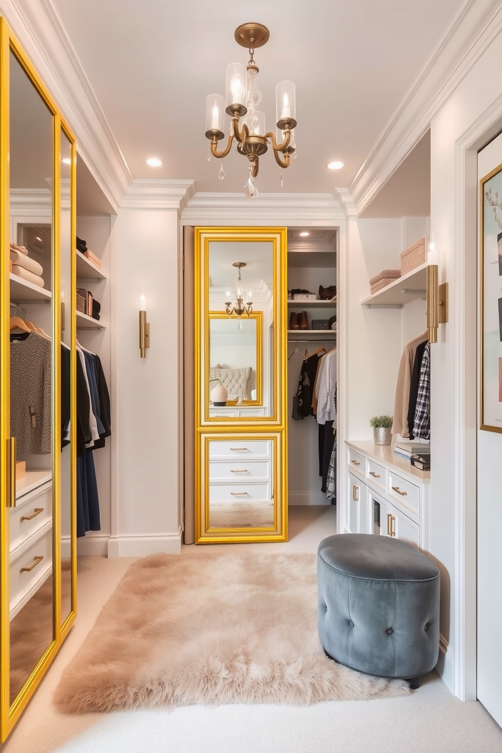 A stylish walk-in closet featuring yellow framed mirrors that reflect light and enhance the sense of space. The closet is designed with ample shelving and hanging space, complemented by a plush area rug in soft neutral tones. The walls are painted in a light pastel shade to create a bright and inviting atmosphere. Elegant lighting fixtures are strategically placed to illuminate the space, highlighting the organized layout and adding a touch of luxury.