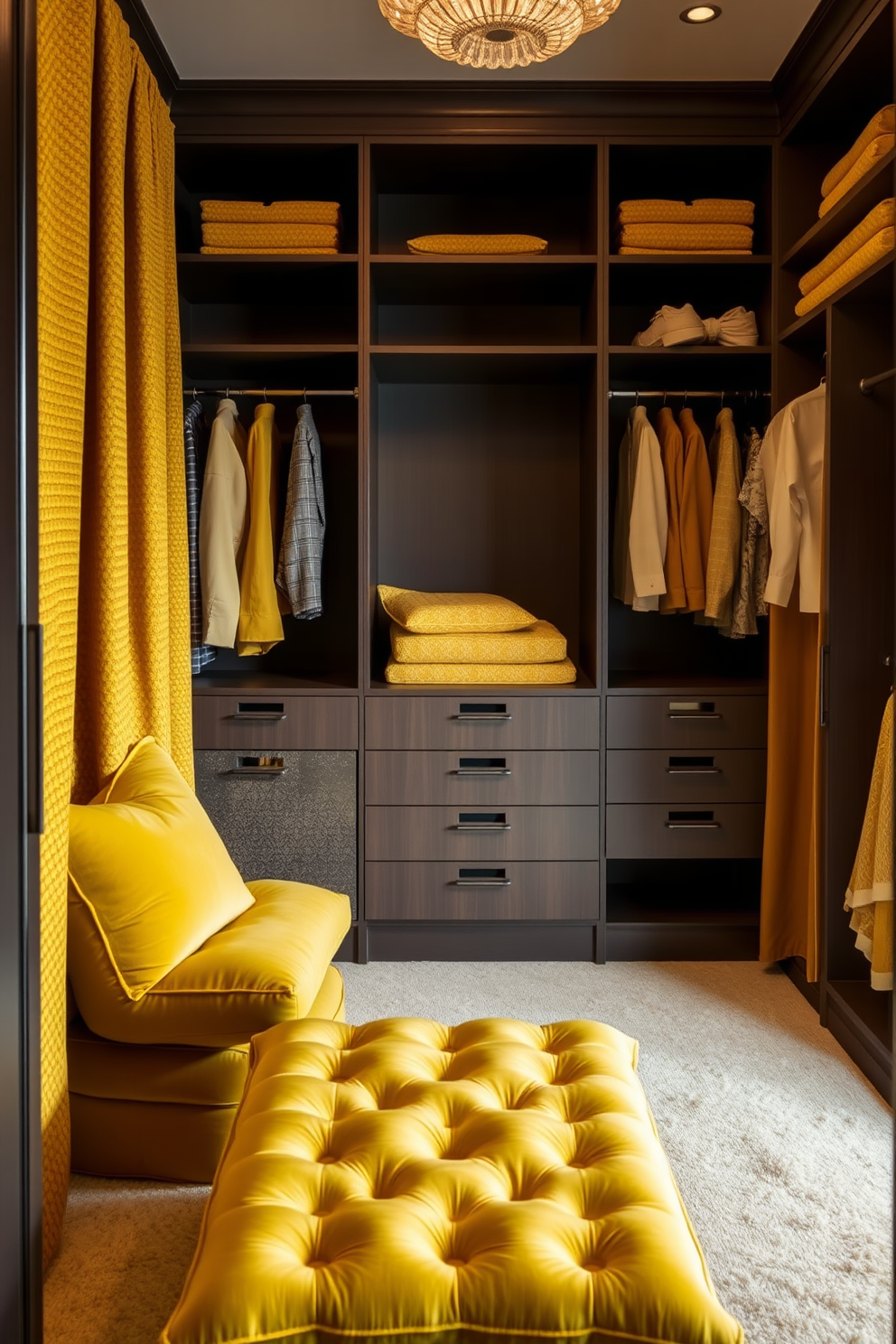 A luxurious walk-in closet bathed in warm yellow lighting creates an inviting atmosphere. The walls are lined with custom cabinetry, showcasing an array of stylish shoes and accessories. Soft yellow pendant lights hang from the ceiling, illuminating the space without being overpowering. A plush seating area with a yellow accent chair invites relaxation and contemplation while selecting outfits.