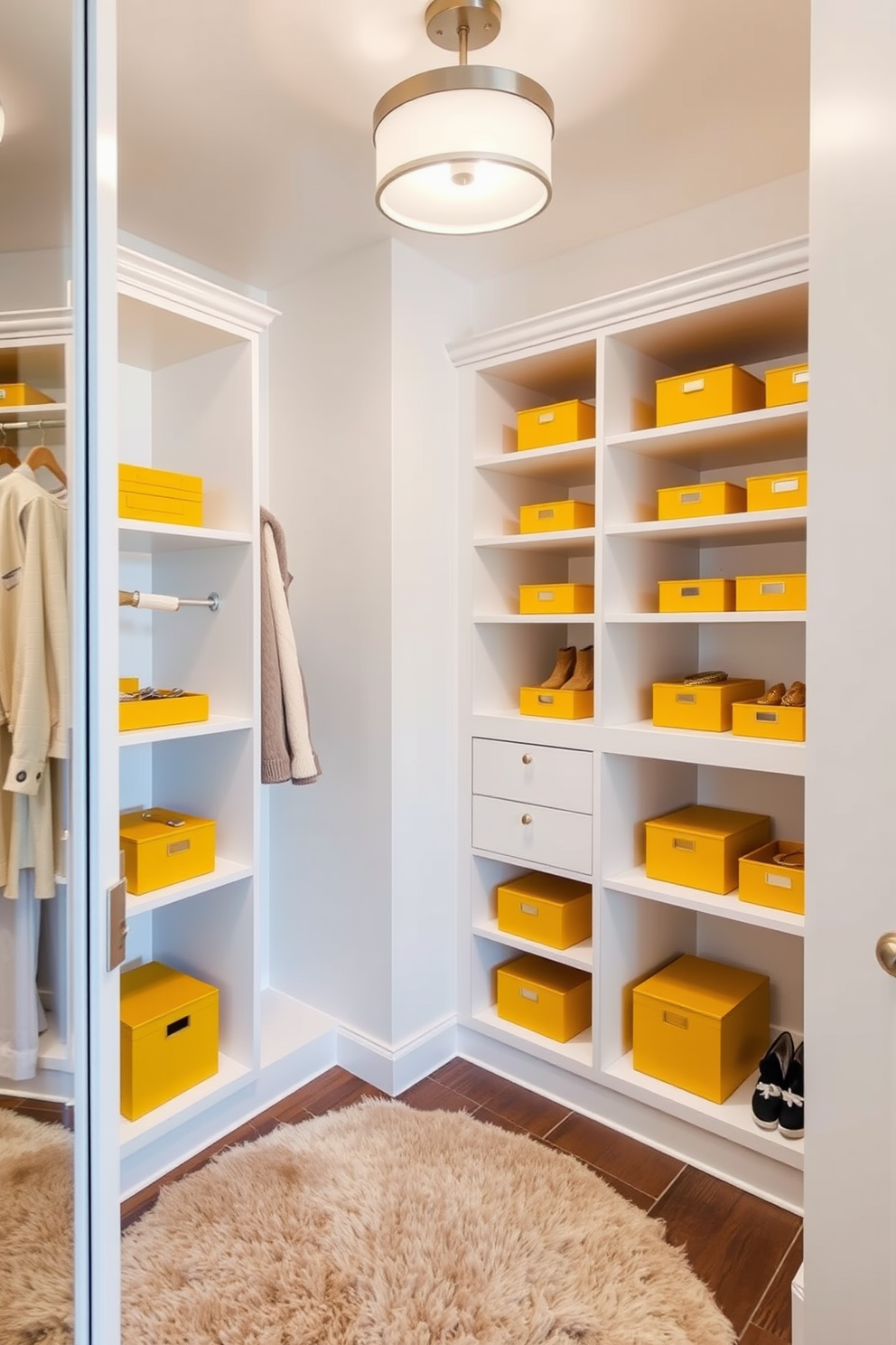 A modern walk-in closet featuring yellow display boxes for accessories. The walls are painted in a soft white hue, creating a bright and airy atmosphere. The yellow display boxes are neatly arranged on open shelves, showcasing a variety of accessories. A plush area rug in a neutral tone adds warmth to the space, while elegant lighting illuminates the closet.