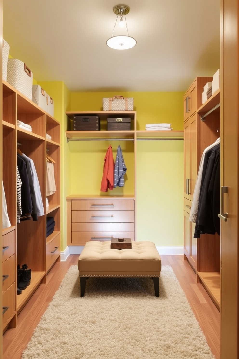 A bright and inviting walk-in closet features beautiful yellow walls complemented by natural wood shelving and cabinetry. The space is designed with a plush area rug and a stylish ottoman, creating a cozy and functional dressing area.