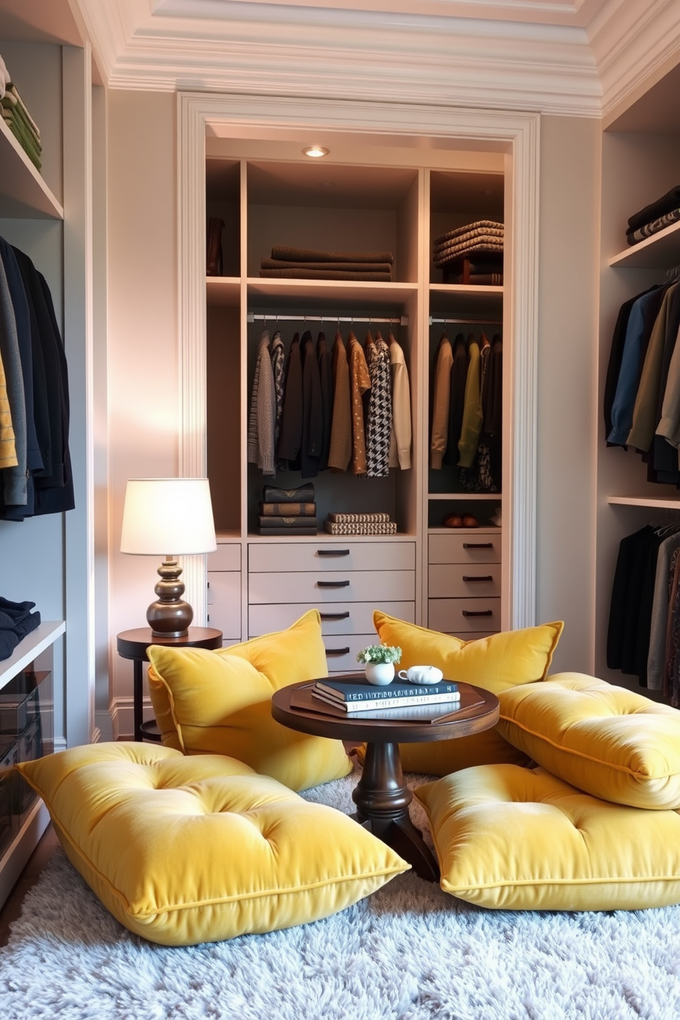 Create a cozy nook featuring plush yellow cushions arranged around a small wooden table. Soft lighting from a nearby lamp casts a warm glow, inviting relaxation and comfort. Design a walk-in closet with elegant shelving and hanging spaces, showcasing a variety of clothing and accessories. The walls are painted in a soft neutral tone, and a plush area rug adds warmth underfoot.