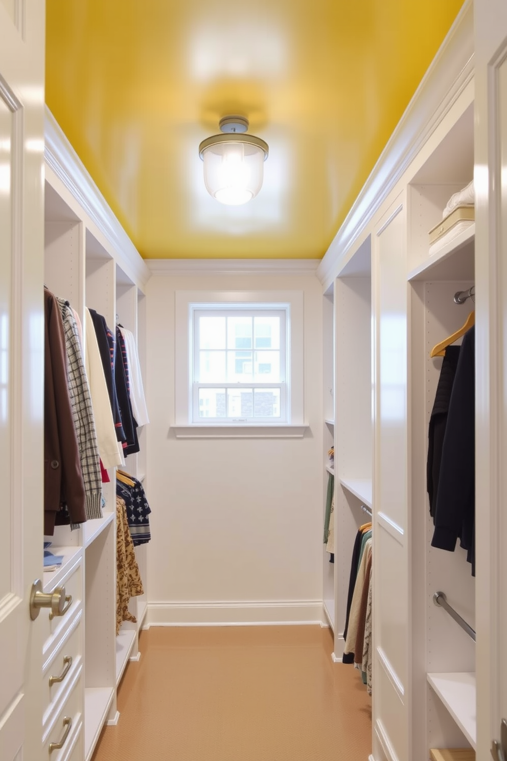 A stylish walk-in closet featuring unique yellow hooks for bags and accessories. The walls are painted in a soft white, creating a bright and airy atmosphere, while the floor showcases elegant hardwood that adds warmth to the space. The yellow hooks are artfully arranged on one wall, providing a pop of color and functionality. A plush area rug in neutral tones complements the design, and built-in shelving offers ample storage for shoes and accessories.