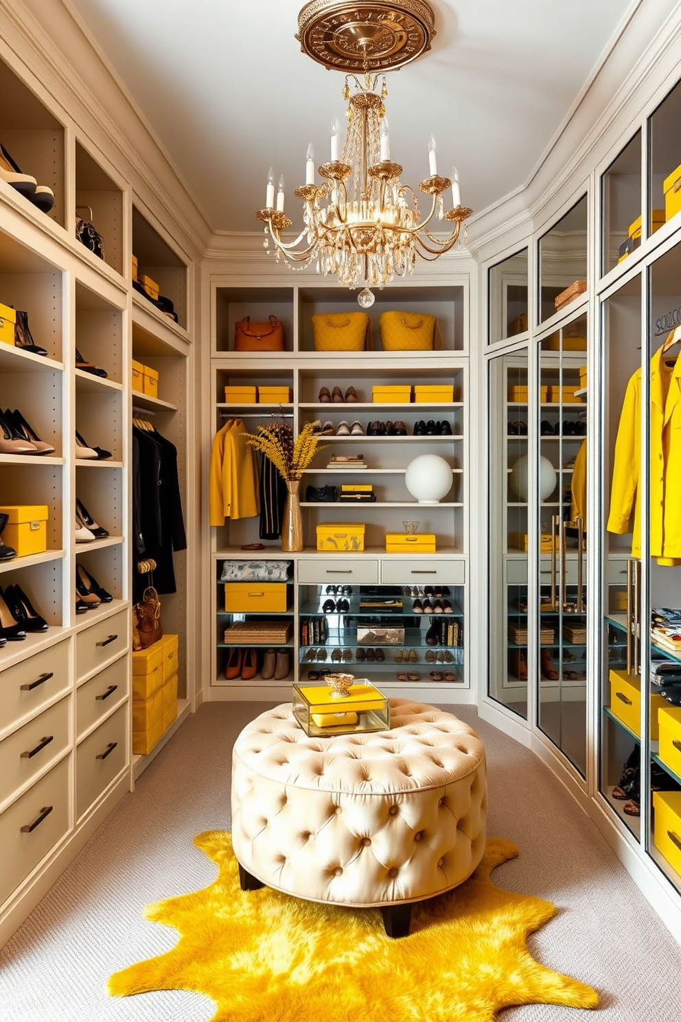 A spacious walk-in closet adorned with seasonal decor changes in vibrant yellow hues. The walls are lined with elegant shelving units showcasing neatly organized shoes and accessories, while a plush ottoman sits in the center for comfortable seating. Bright yellow accents are incorporated through decorative storage boxes and a statement chandelier that adds a touch of luxury. Large mirrors reflect the light, enhancing the airy feel of the closet, creating an inviting space for fashion enthusiasts.