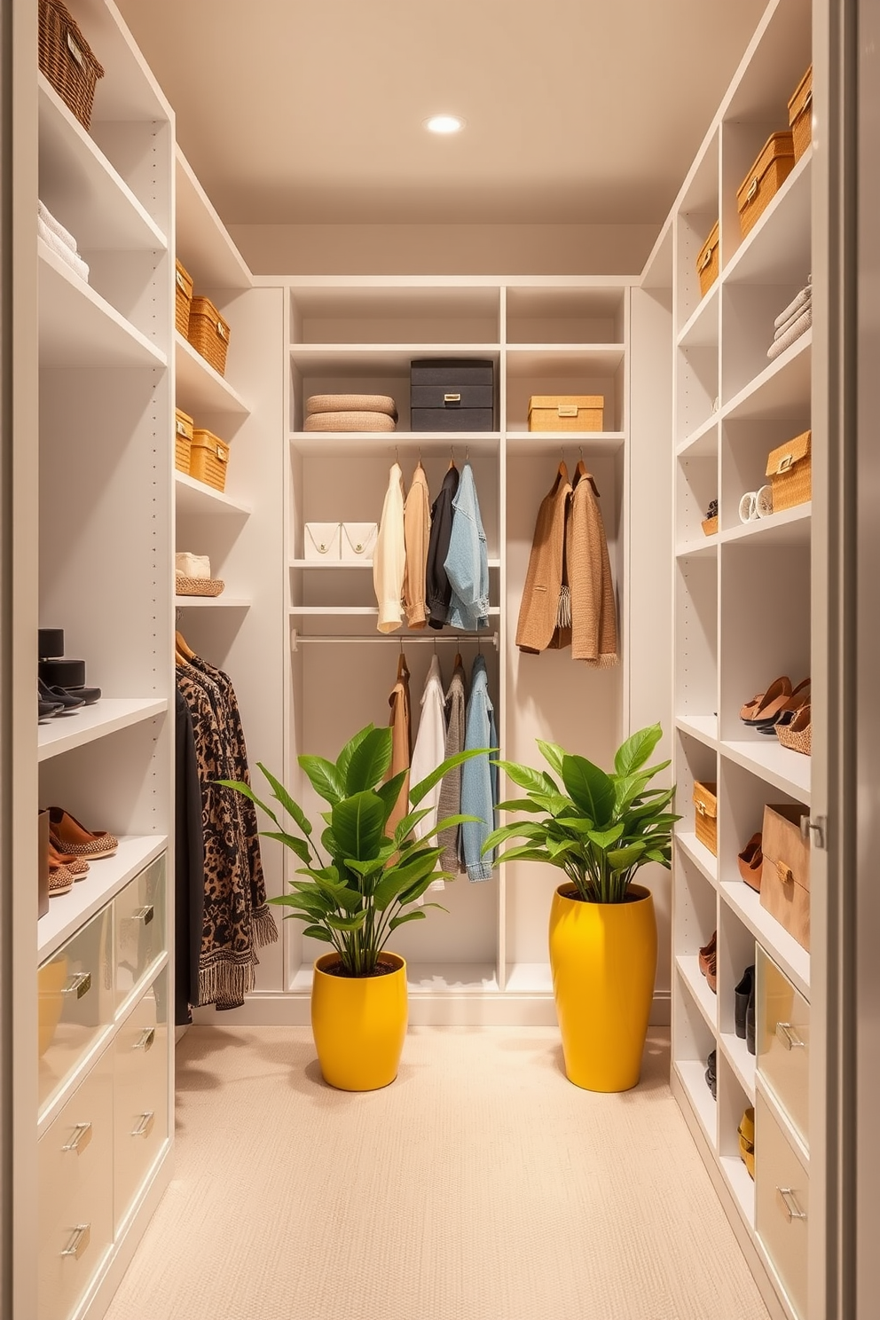 A bright and airy walk-in closet design featuring ample shelving and hanging space. The walls are painted in a soft white, creating a clean backdrop for the vibrant yellow pots filled with lush green plants. The yellow pots add a pop of color and freshness to the space, enhancing the overall aesthetic. Soft, warm lighting illuminates the closet, highlighting the carefully organized accessories and clothing.