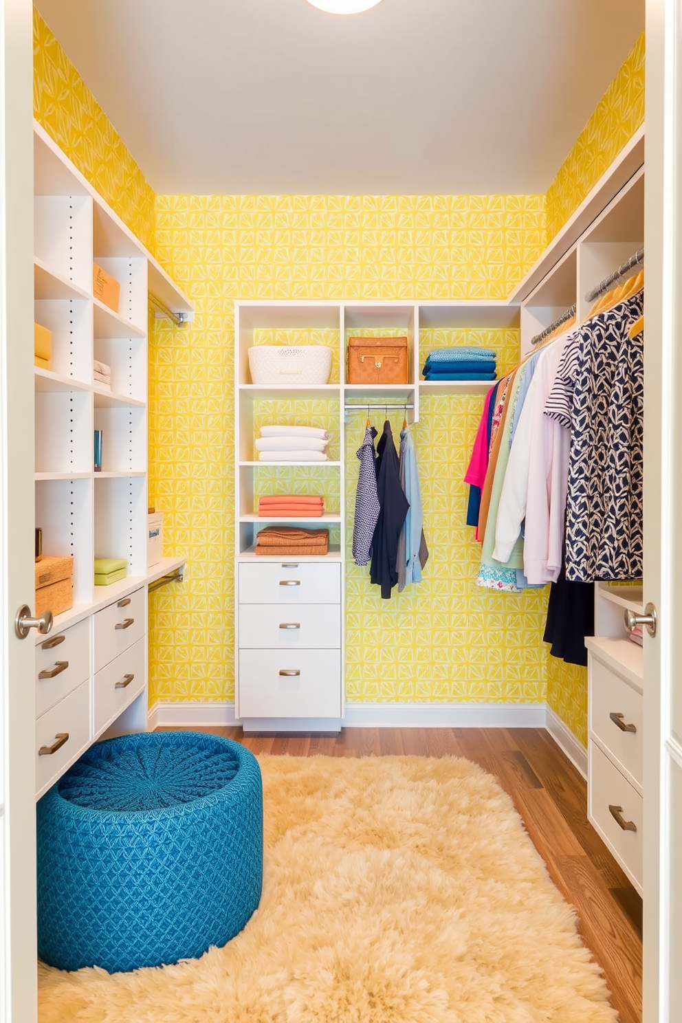 A bright and inviting walk-in closet features yellow patterned wallpaper that adds a playful touch to the space. The closet is designed with ample shelving and hanging space, complemented by a plush area rug in a coordinating shade.