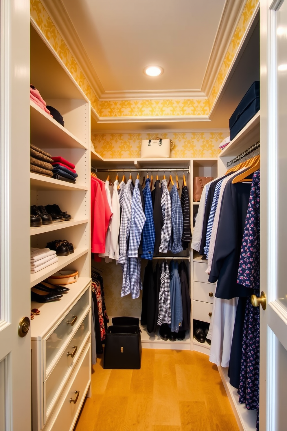 A luxurious walk-in closet featuring yellow accent pieces that add a pop of color. The space includes custom shelving and hanging racks, with a plush ottoman in a soft fabric to complement the vibrant accents. The walls are painted in a neutral tone to enhance the brightness of the yellow elements. Elegant lighting fixtures illuminate the area, creating a warm and inviting atmosphere.