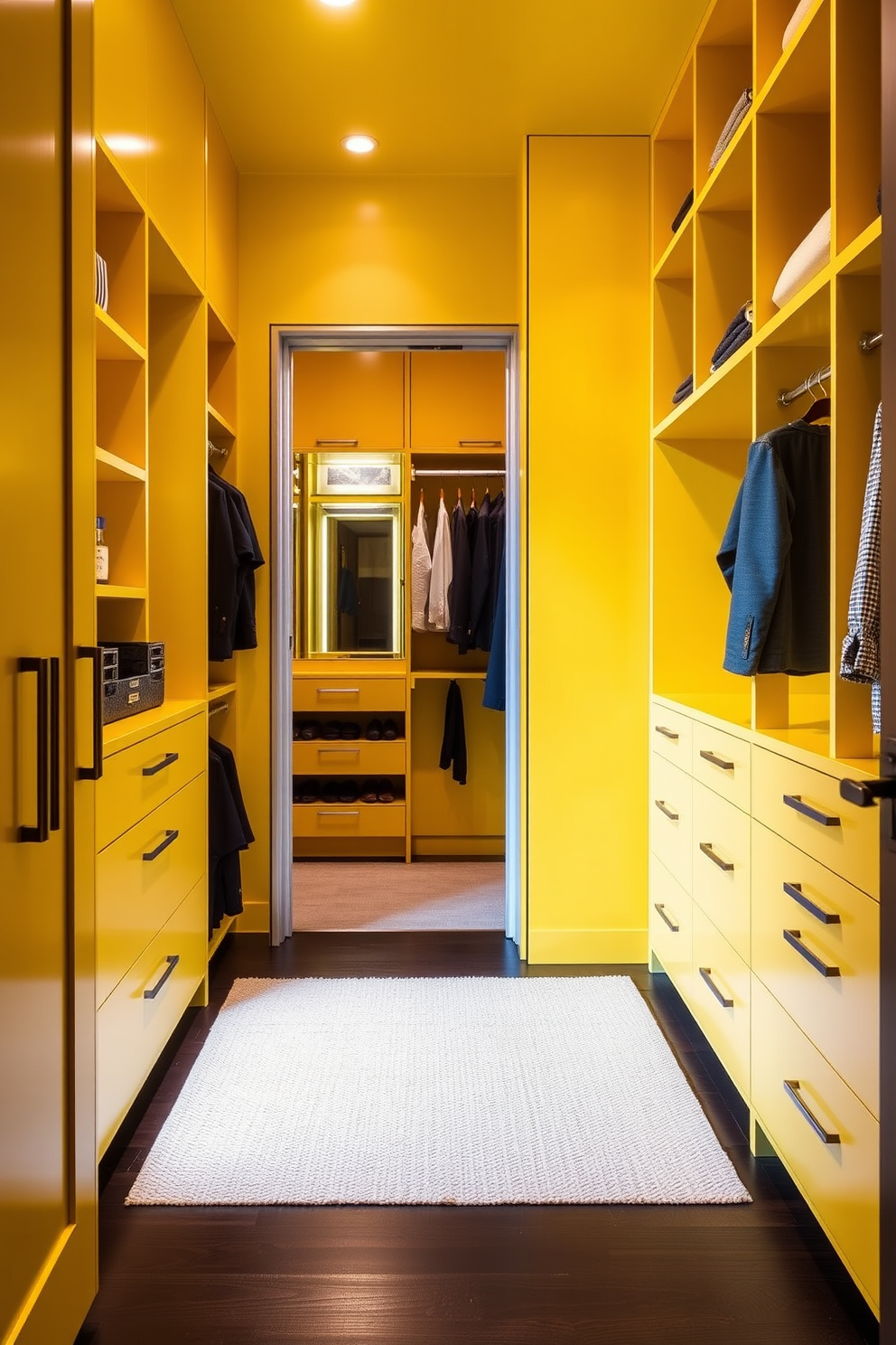 A modern walk-in closet featuring bold yellow cabinetry creates a vibrant and stylish atmosphere. The cabinetry is sleek and minimalist, providing ample storage space while making a striking statement.