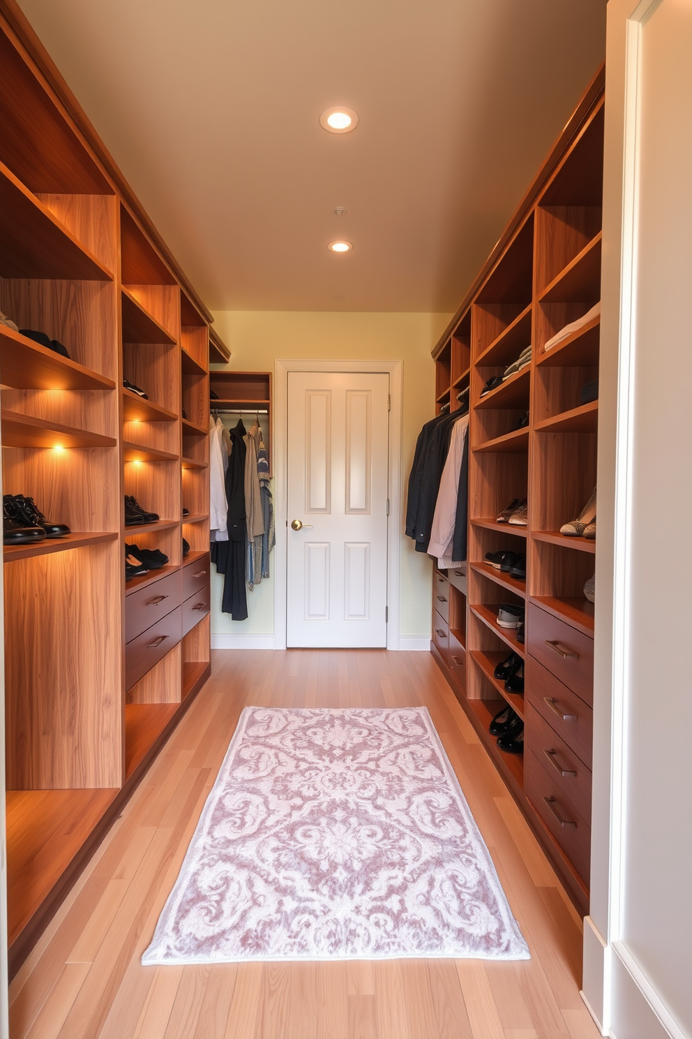 A cozy walk-in closet filled with soft yellow lighting that creates a warm ambiance. The walls are painted in a soft cream color, and the flooring features light hardwood for a natural touch. Shelving units made of rich wood line the walls, providing ample storage space for shoes and accessories. A plush area rug in a subtle pattern lies in the center, adding comfort underfoot.