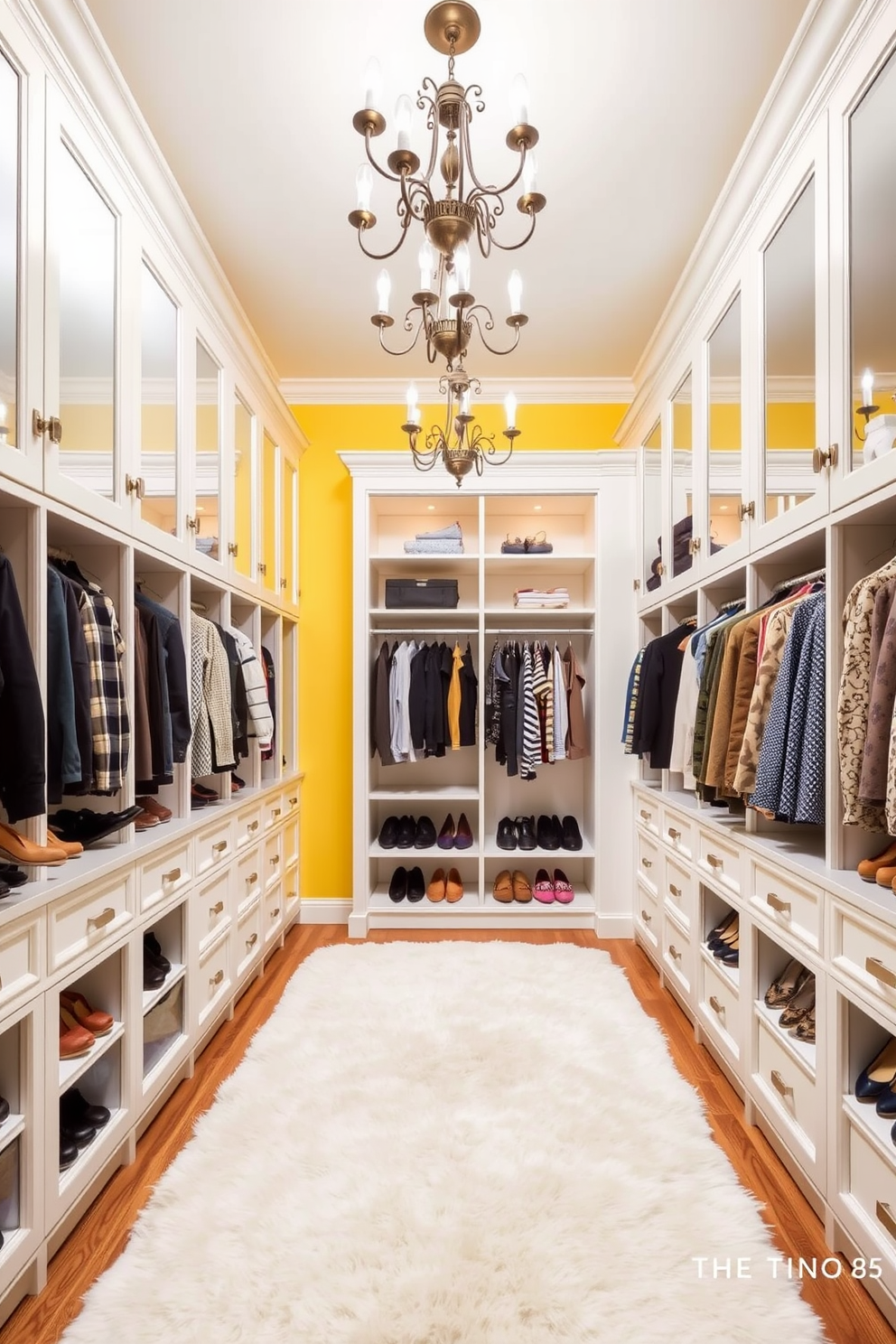 A bright and inviting walk-in closet featuring a yellow and white color scheme. The walls are painted a soft yellow, complemented by white shelving and cabinetry that provide ample storage space. The floor is adorned with a plush white rug that adds comfort and warmth. Elegant lighting fixtures hang from the ceiling, casting a warm glow over the organized rows of shoes and neatly arranged clothing.