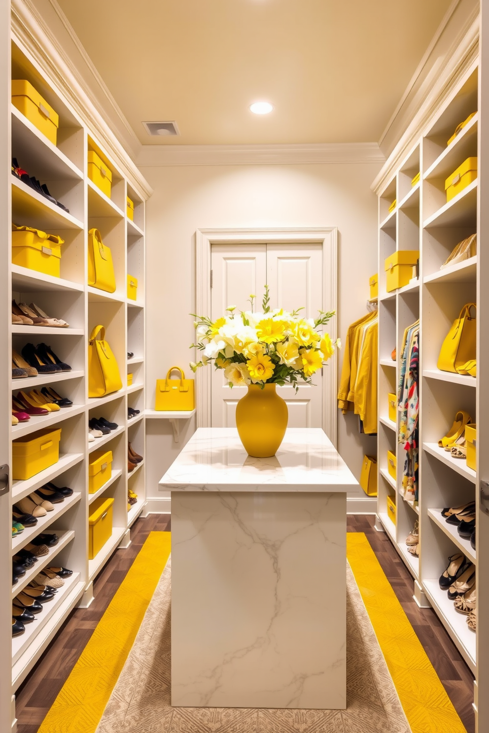 A bright and inviting walk-in closet featuring yellow accessories that enhance the decor elements. The walls are painted a soft white, and the shelves are lined with neatly organized shoes and bags, accented by vibrant yellow storage boxes. The closet includes a stylish island in the center, topped with a white marble surface and adorned with a yellow vase filled with fresh flowers. Soft lighting illuminates the space, highlighting the yellow accents and creating a cheerful atmosphere.