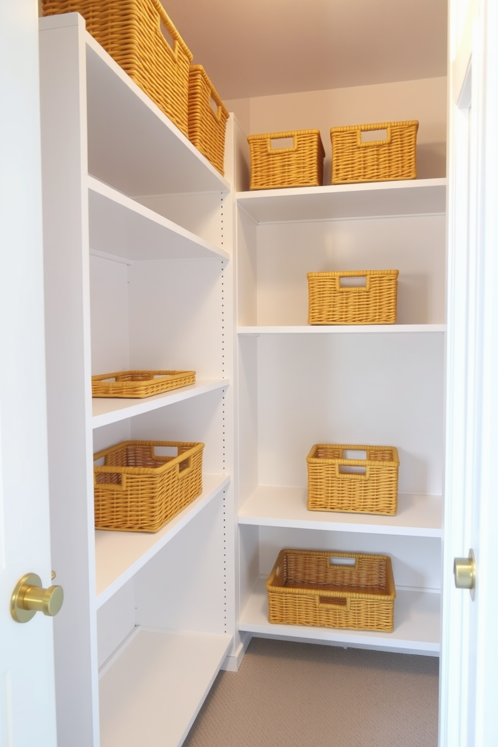 A bright and airy walk-in closet features open shelving adorned with yellow baskets for stylish organization. The walls are painted in a soft white hue, creating a fresh and inviting atmosphere.