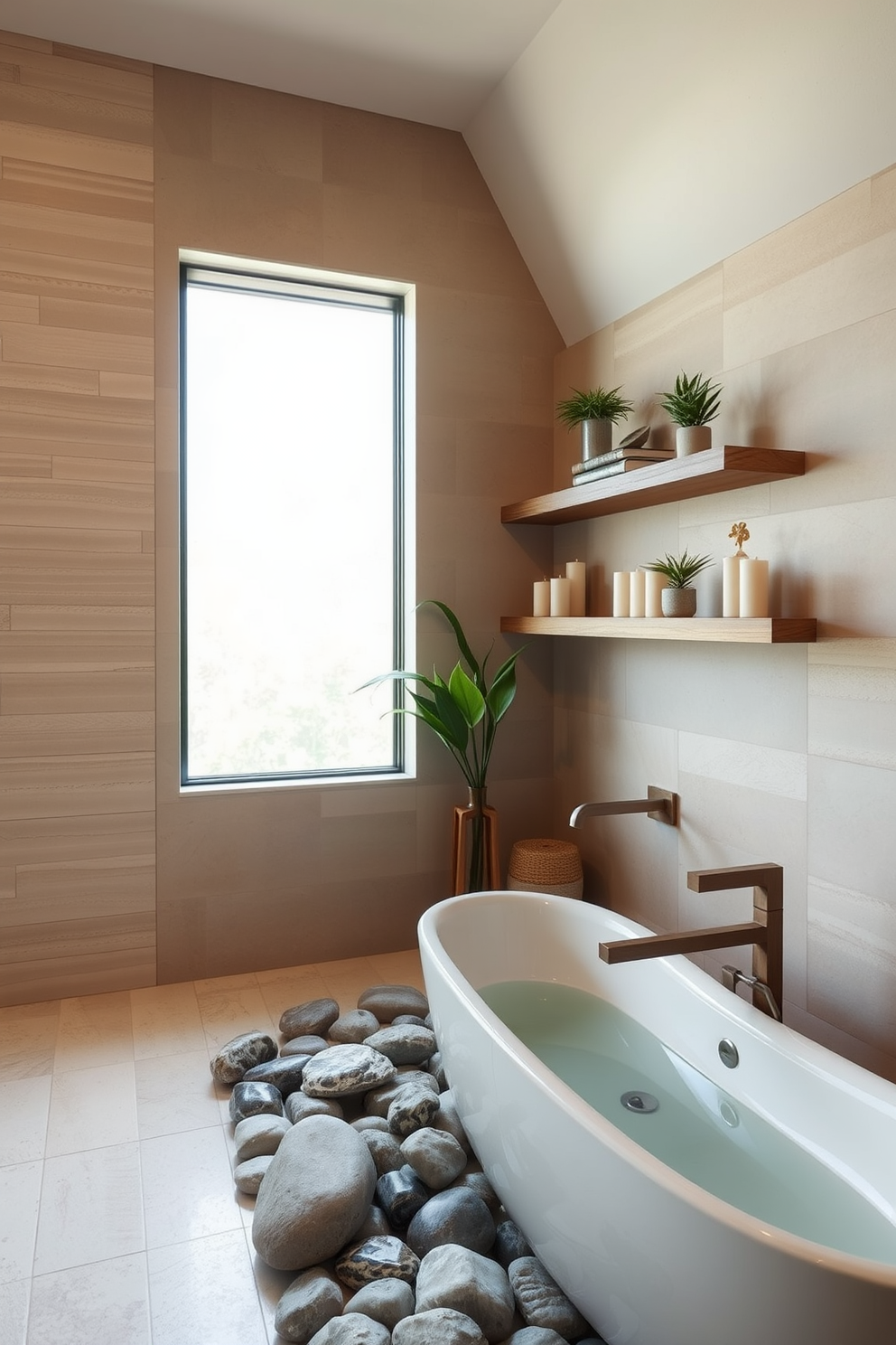 A serene bathroom oasis featuring natural stone accents that create a calming atmosphere. The space includes a freestanding soaking tub surrounded by smooth river stones and a large window that lets in soft natural light. The walls are adorned with textured stone panels in soft neutral tones, enhancing the tranquil vibe. Minimalist wooden shelving displays carefully curated plants and candles, adding warmth and a touch of nature to the design.