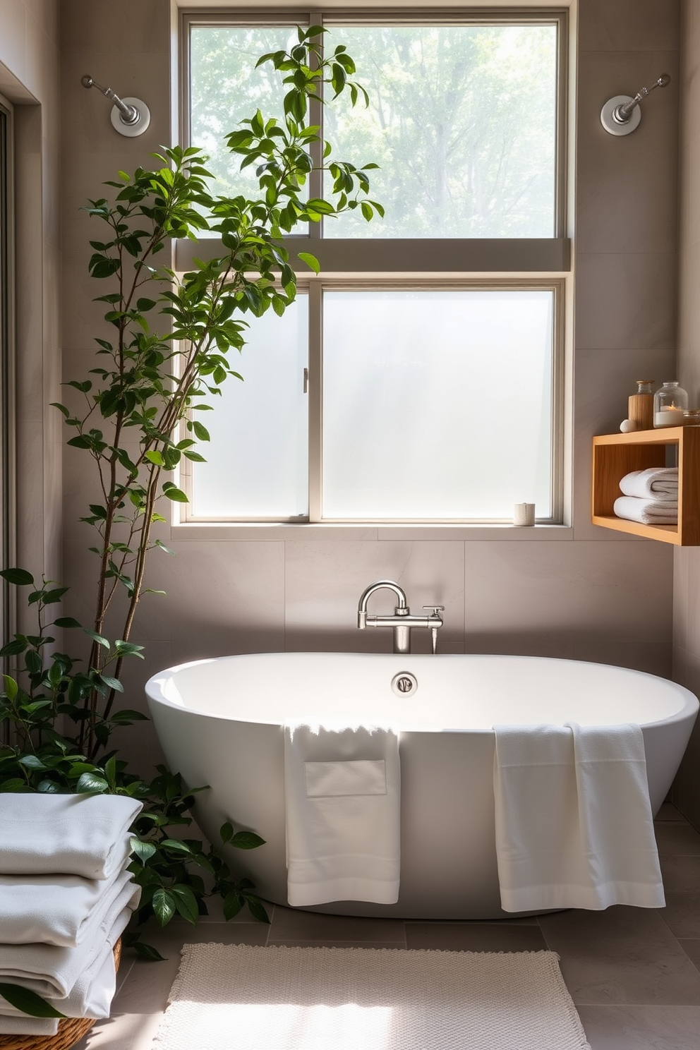 A serene bathroom oasis featuring a calming water wall that gently cascades into a smooth pebble-filled basin. Soft natural light filters through frosted glass windows, highlighting the minimalist design and promoting tranquility. The space is adorned with bamboo accents and a freestanding soaking tub positioned near the water feature. Earthy tones and textured stone tiles create a harmonious atmosphere, inviting relaxation and peace.