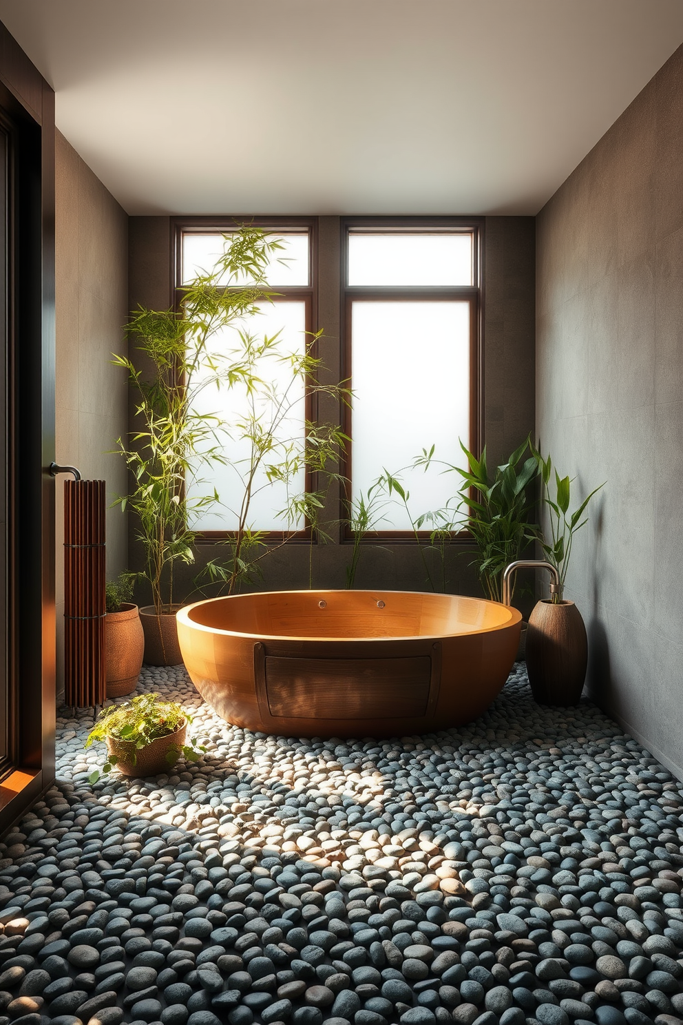 A serene Zen bathroom design featuring a pebble floor that adds texture and warmth. The space includes a wooden soaking tub surrounded by bamboo plants and soft natural lighting filtering through frosted glass windows.