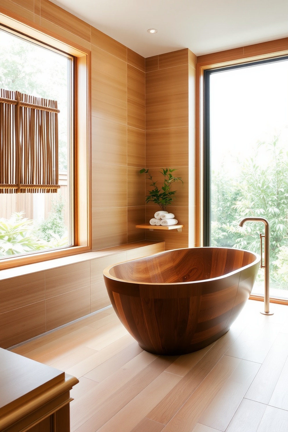 A serene bathroom oasis featuring natural wood accents throughout the space. A freestanding wooden soaking tub is positioned near a large window, allowing for ample natural light to flood the room. The walls are adorned with warm beige tiles, creating a calming backdrop for the wooden elements. A bamboo shelf holds neatly rolled towels and a small potted plant, enhancing the Zen atmosphere.