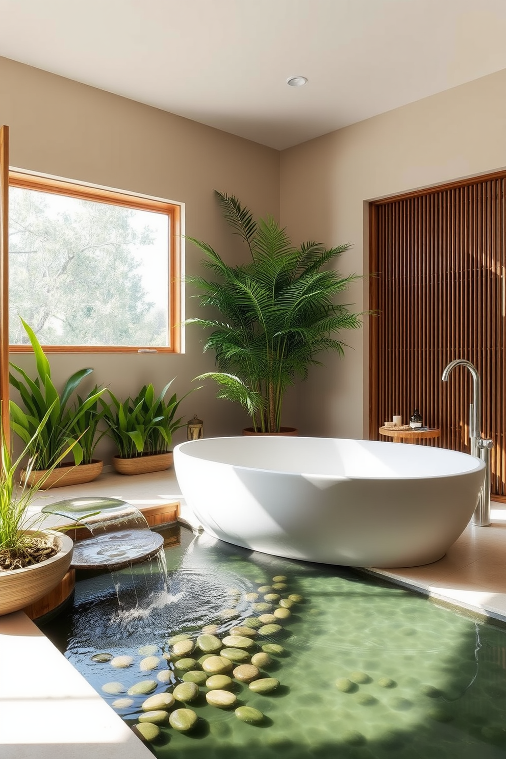 A tranquil zen bathroom featuring a freestanding soaking tub positioned under a large window that overlooks a serene garden. The walls are adorned with minimalist artwork depicting nature scenes, and bamboo plants are placed strategically for a calming effect. The space includes a natural wood vanity with a stone sink and ample storage for essentials. Soft, ambient lighting enhances the peaceful atmosphere, while smooth river stones line the floor for a spa-like experience.