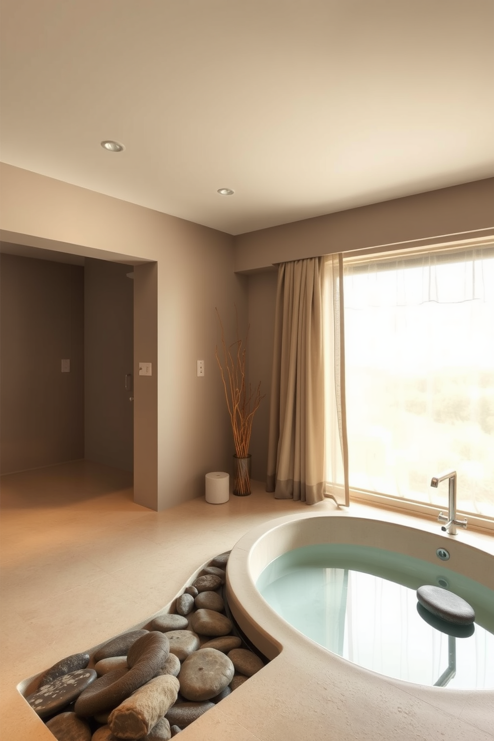 A serene Zen bathroom design featuring natural elements. The space includes a deep soaking tub surrounded by smooth stones and bamboo accents. Soft lighting creates a tranquil atmosphere, with dimmer switches allowing for customizable brightness. A large window invites natural light, framed by sheer linen curtains for privacy.